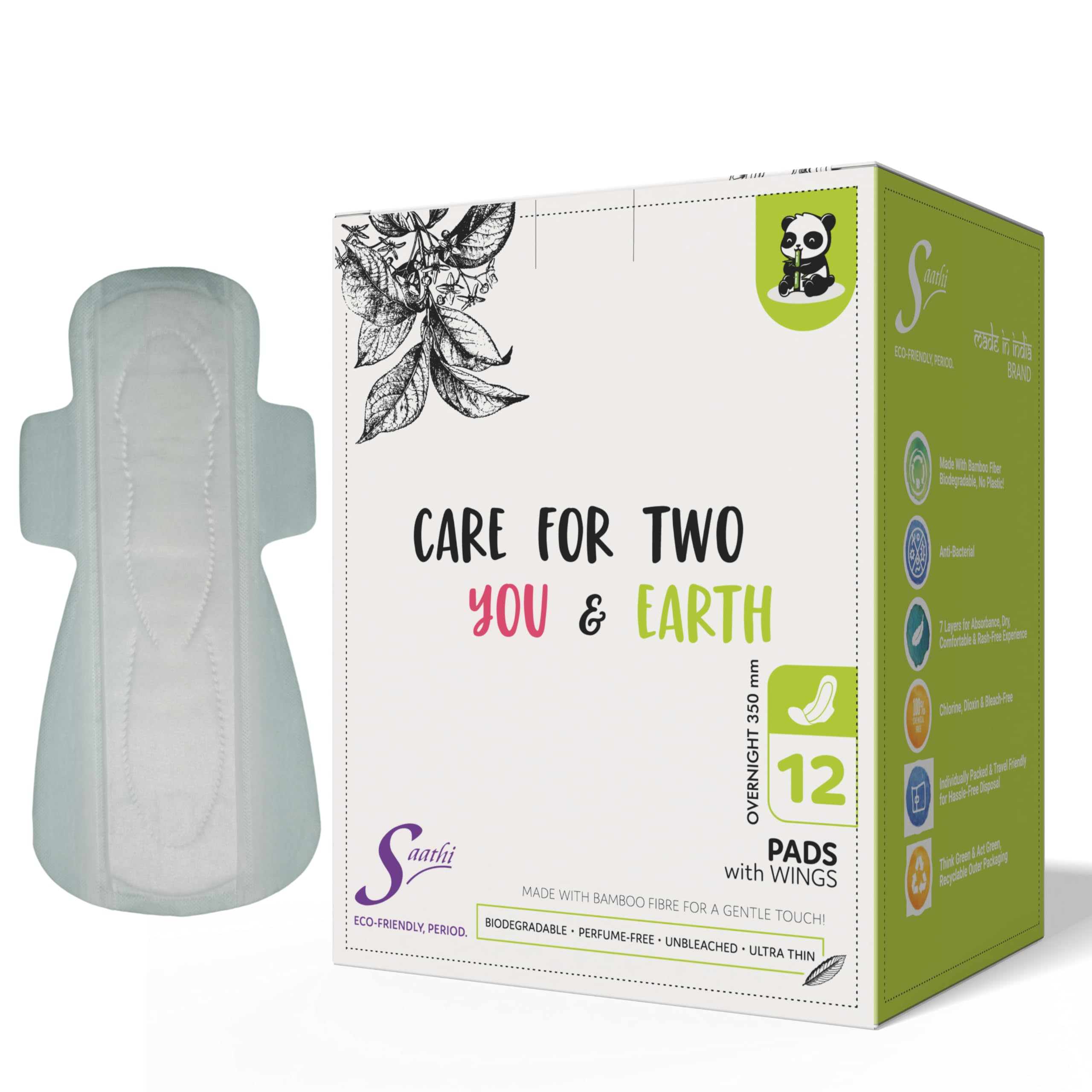 Saathi Sanitary Pads For Women, Napkins For Women, Saathi Overnight Heavy Flow 350Mm Bamboo Fibre Certified Organic, Compostable & Biodegradable Sanitary Pads- Pack Of 12..
