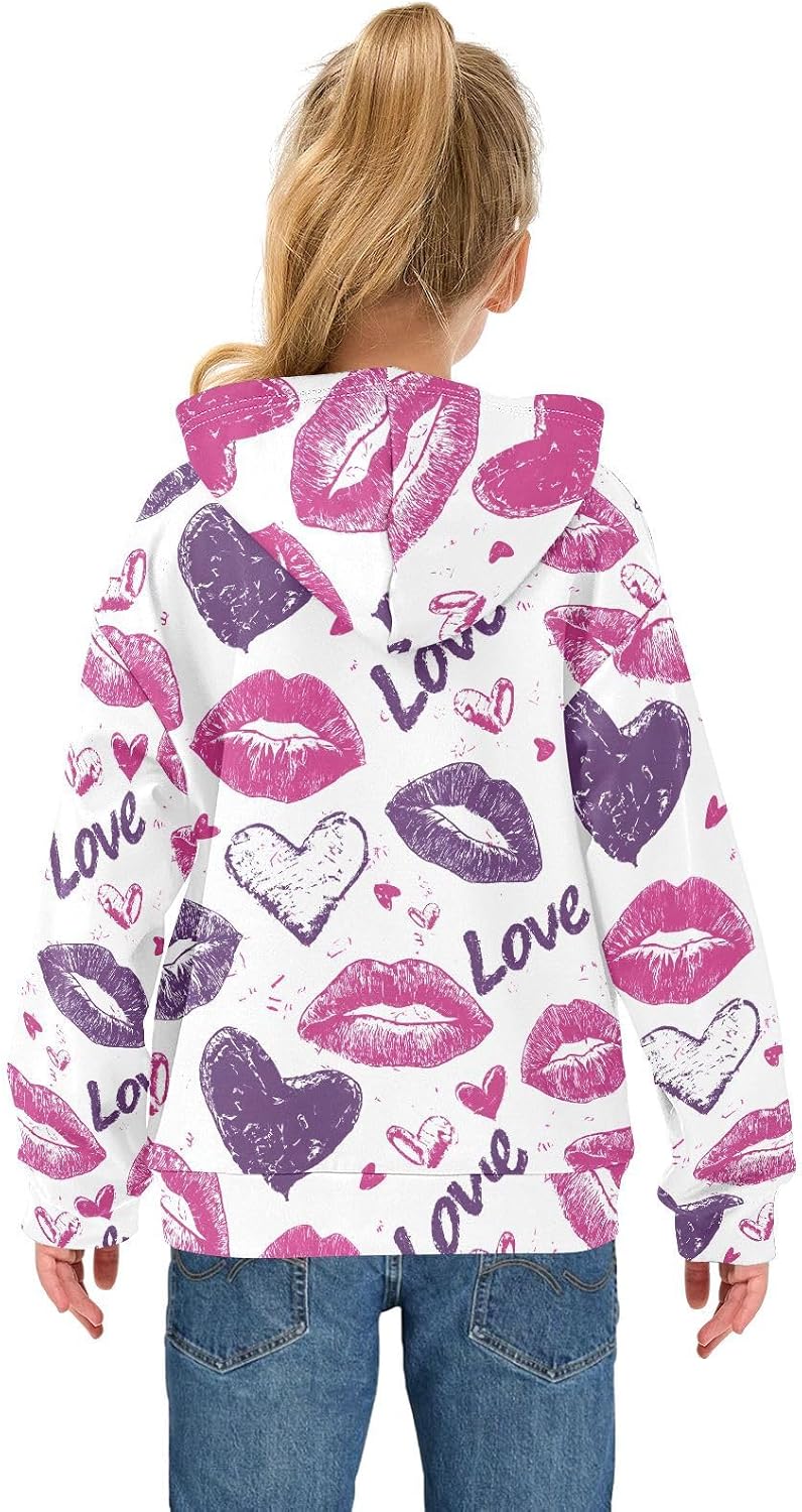 ALAZA Purple Lips Heart Hoodies Sweatshirt for Boys Girls Kids Hooded Pullover Top
