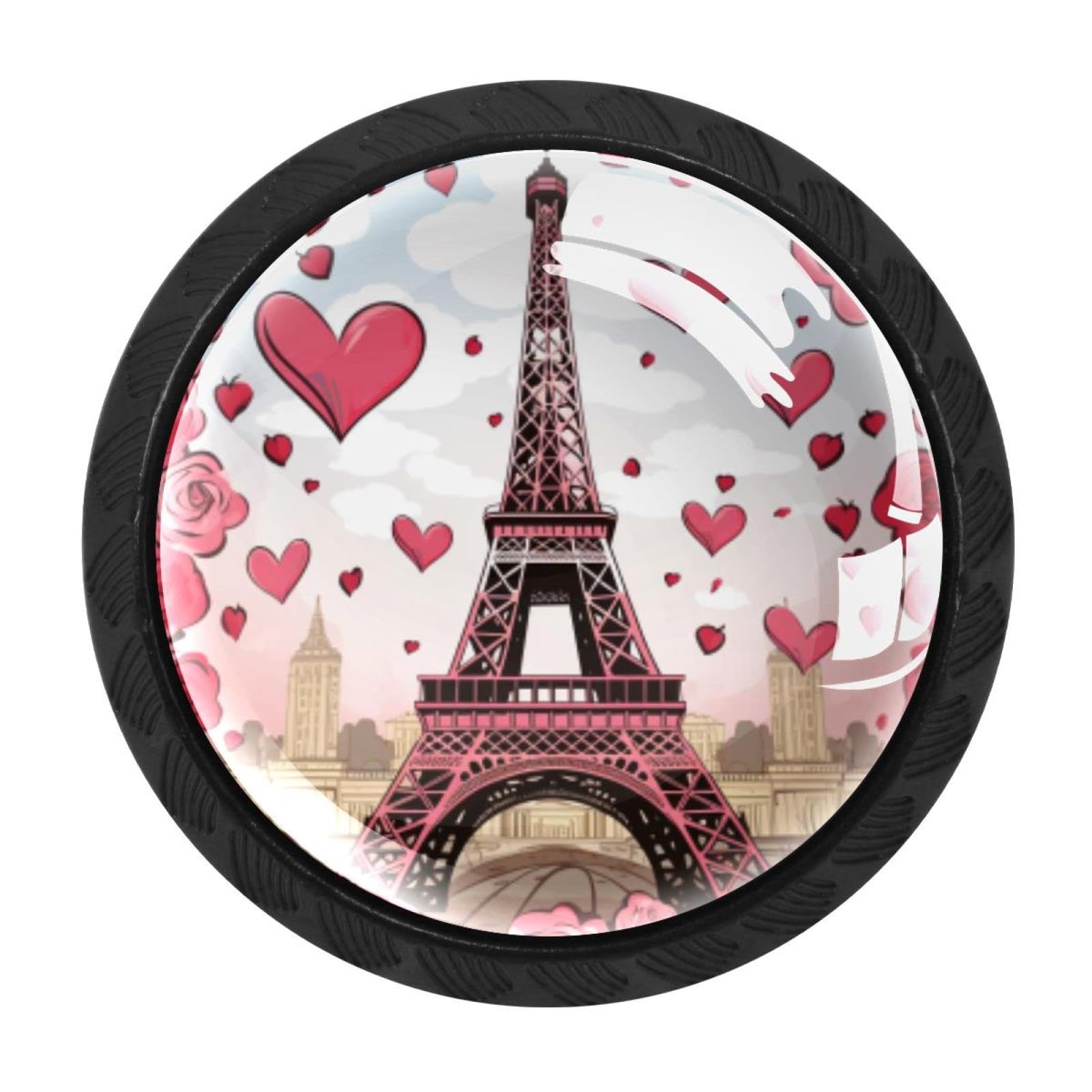 Chenzzzz Multicolored 04 4 Pack Drawer Knobs, Black Handle Dresser Drawer Pulls, Round Decoration Cabinet Hardware Pulls With Screws For Kitchen Cupboard Wardrobe, Eiffel Tower Valentine's Day