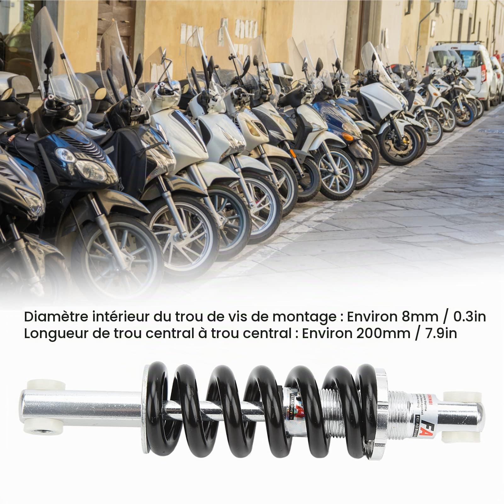 Amortisseur arrière de vélo 200 mm 1500 LBS 8 mm Trou universel Amortisseur à ressort en alliage d'aluminium pour VTT, vélos électriques, motos, ATV