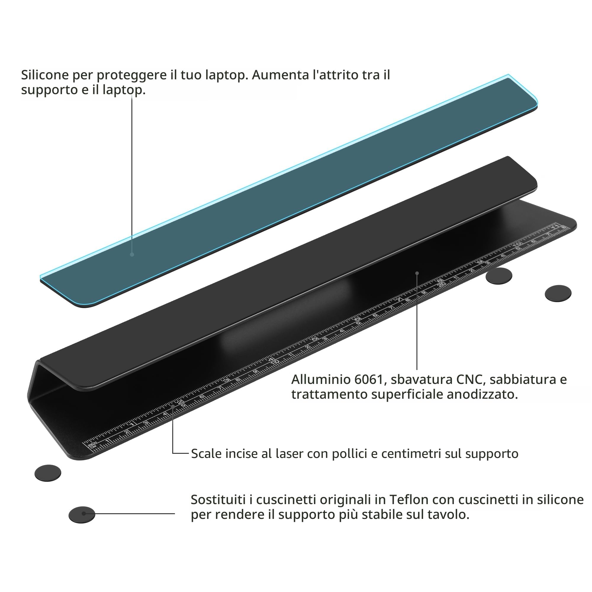 Supporto di Raffreddamento Alluminio per Laptop - Migliora Raffreddamento, Ergonomia, Stabilità e Versatilità - Compatibile con MacBook e tutti i Laptop, con righello