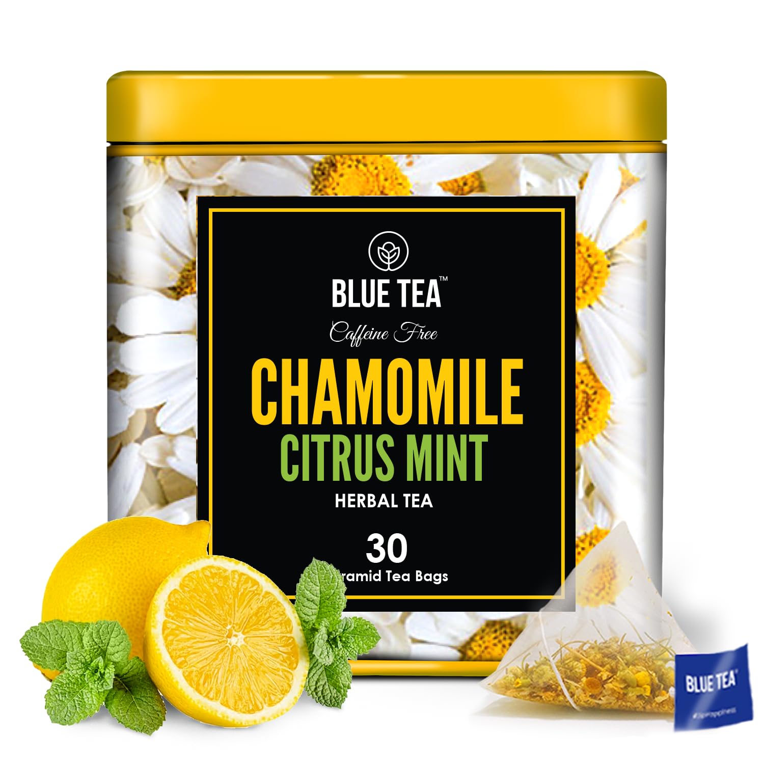 BLUE TEA - Chamomile Citrus Mint Herbal Tea - 30 Biodegradable Tea Bags | CLAIM TEA | Caffeine-Free | Vegan - Gluten Free - Non-GMO | Eco-Conscious Tin Packaging