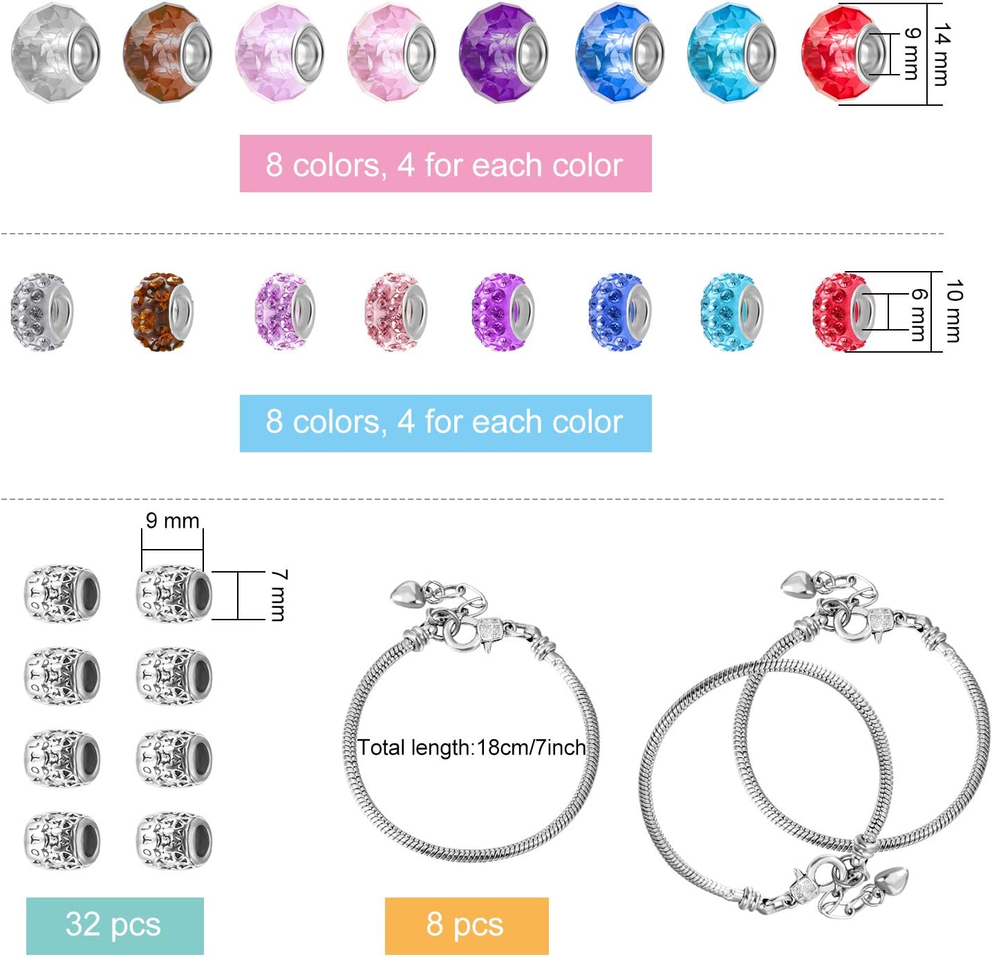 136 Pieces Christmas DIY Bracelet Making Kits, Include 7 Inch Silver Snake Bracelet Chain, Mix Color Large Hole Glass Beads, Rhinestone Spacers Beads Ball, Pendant Charms for Xmas Girl Present