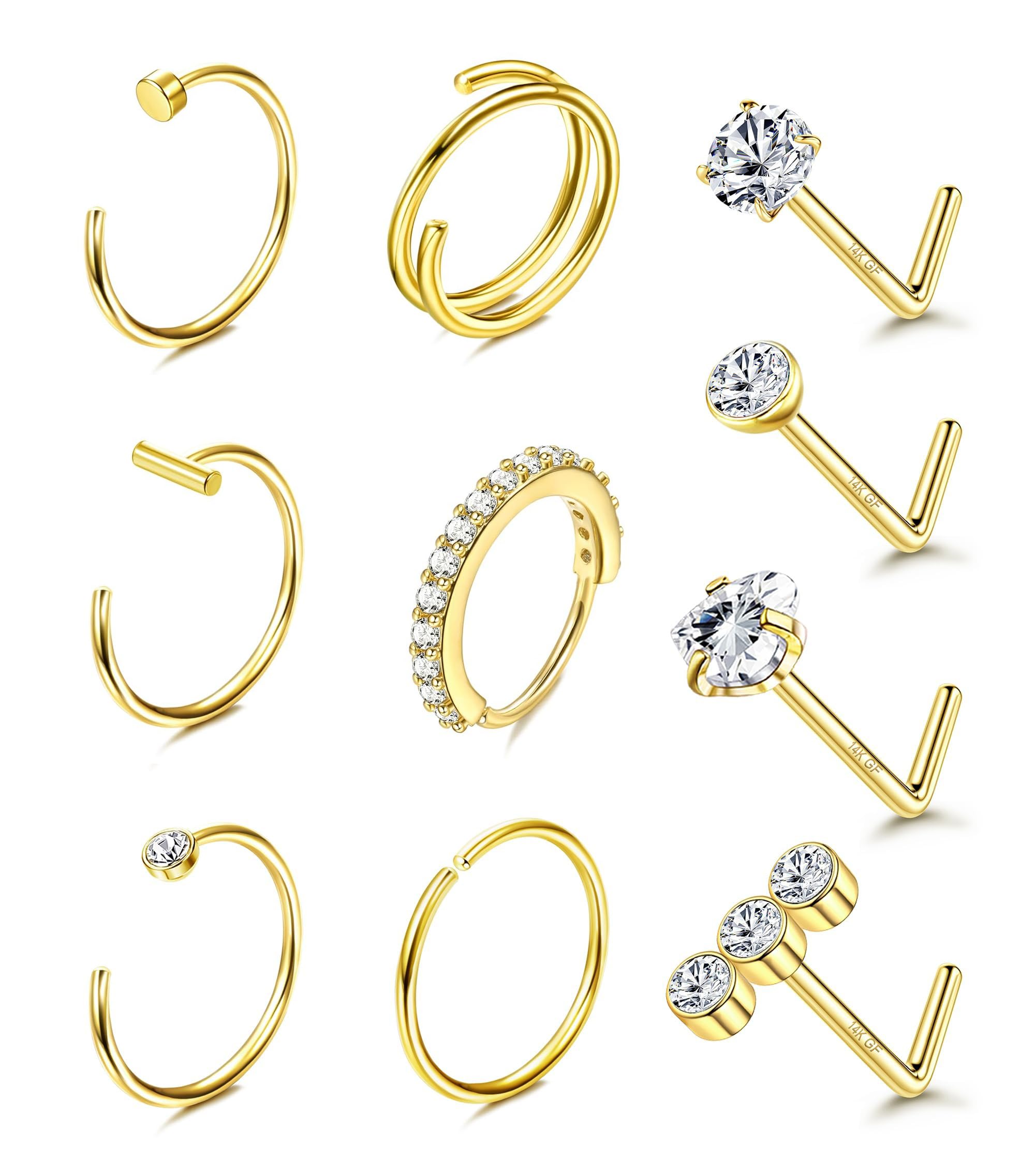 Adramata 10 Piezas 20G Anillos Nariz de Acero Inoxidable, 14k Oro Nostril Piercing, CZ Corazón Anillos de Nariz Aro para Mujeres Hombres, Tragus Cartílago Helix Pendientes Nariz Piercing Joyas