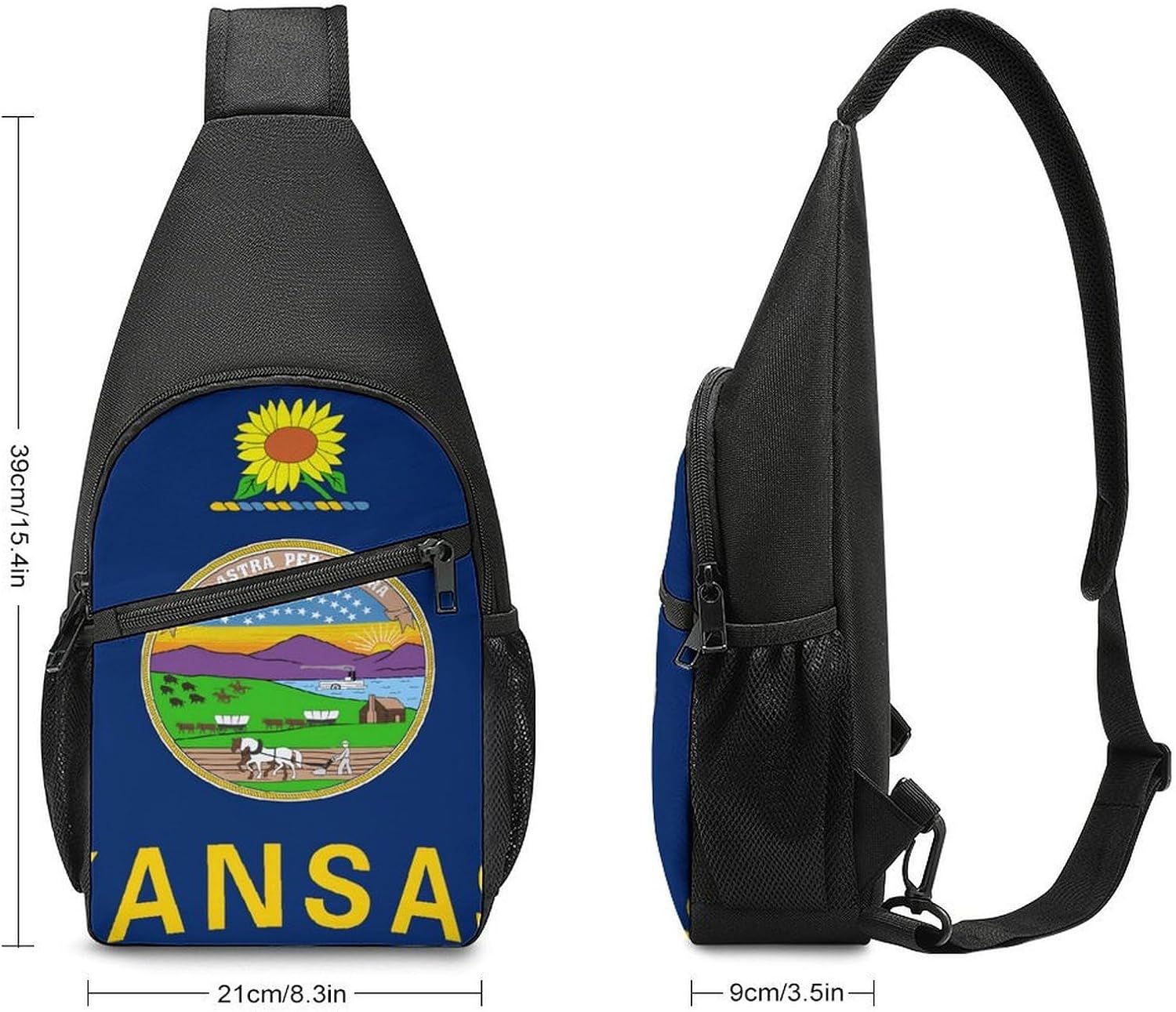 Flag of Kansas U.S.A. Crossbody Sling Backpack Chest Bag Daypack | unisex,trendy,with convertible and detachable shoulder strap,side pockets