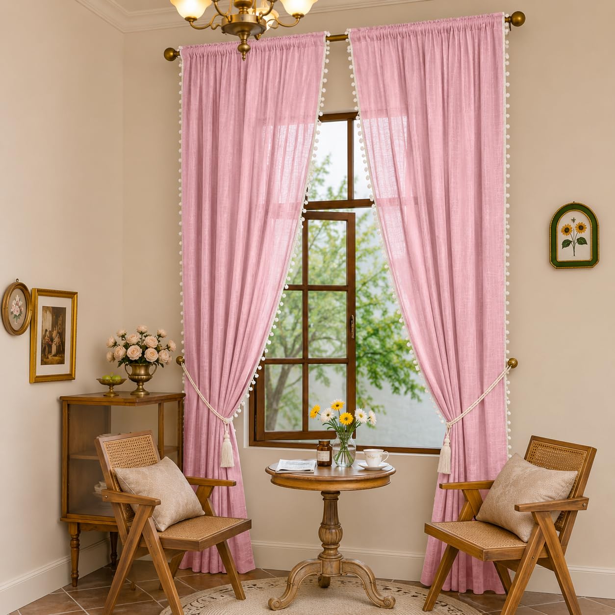 THE LINEN COMPANY Window Curtains Cotton Sheer Curtains with Pom Pom Lace Rod Pocket Light Filtering Net Curtains for Window Curtains Door Curtains Baby Pink 6.5 Ft Pack of 2