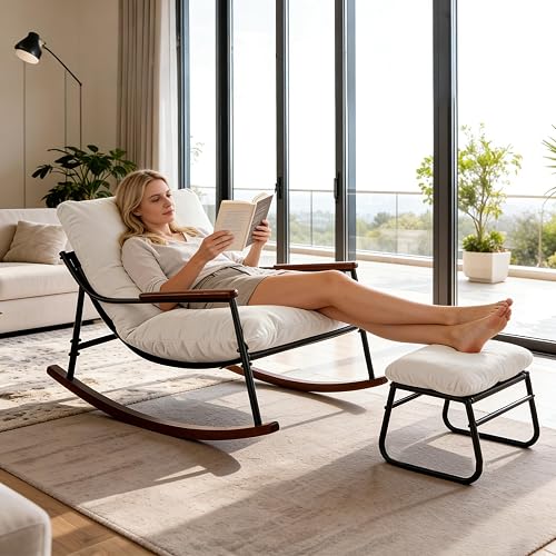 Glider Rocking Chair with Footrest, Comfortable Recliner Lounge Chair with Soft Cushion & High Backrest, Patio Rocker Chair with Armrests for Living Room, Bedroom,Office Indoor & Outdoor -White