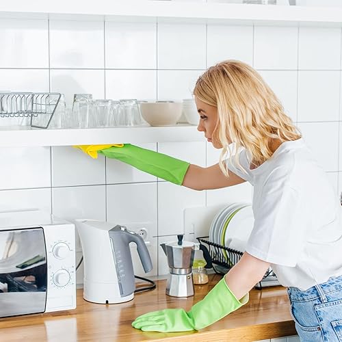 Miniatura 5 de 3 pares de guantes de limpieza de goma sin látex, guantes de nitrilo reutilizables de 13 pulgadas, grandes, verde, rosa y naranja