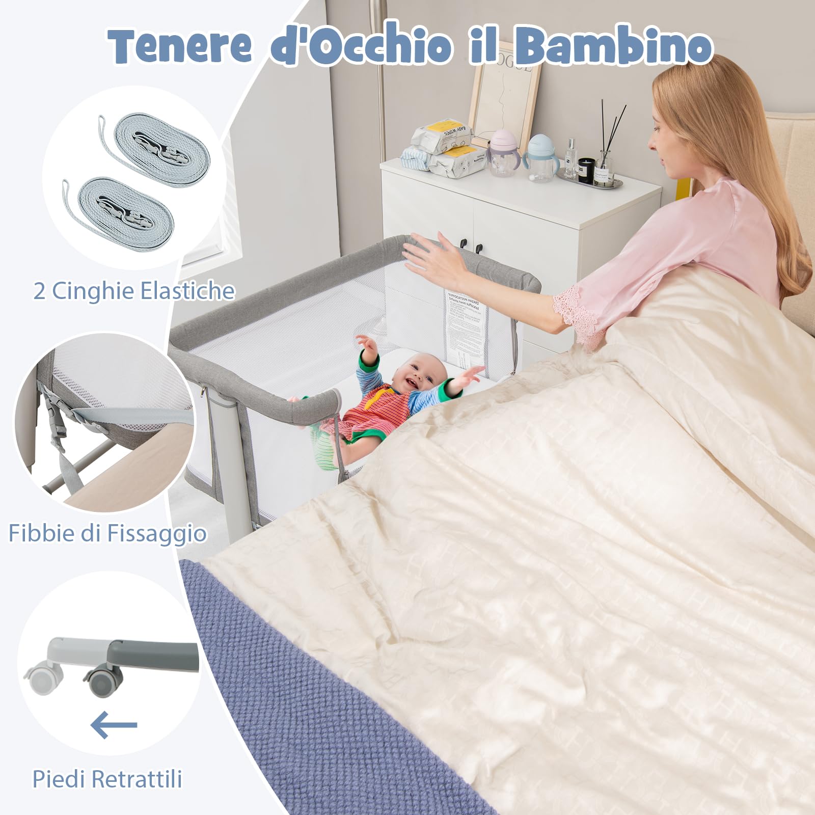 RELAX4LIFE 3 in 1 Culla Neonato, Culla da Campeggio per Bambole con Materasso Imbottito e Cinghia Fissaggio, Regolabile In Altezza 7 Posizioni, per Bambini 0-6 Mesi Fino a 9kg(Grigio Chiaro)