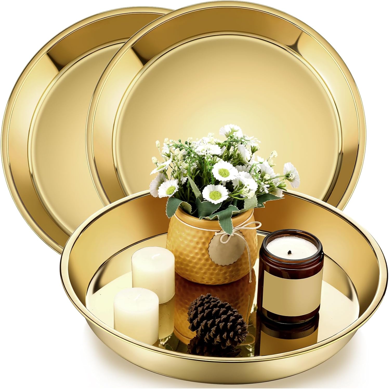 Thenshop 3 Pcs 15 Inch Gold Round Serving Tray Stainless Steel Circle Decorative Vanity Gold Plate Metal Jewelry Makeup Organizer Dishes for Gift Wedding Coffee Table Bathroom Dessert Christmas