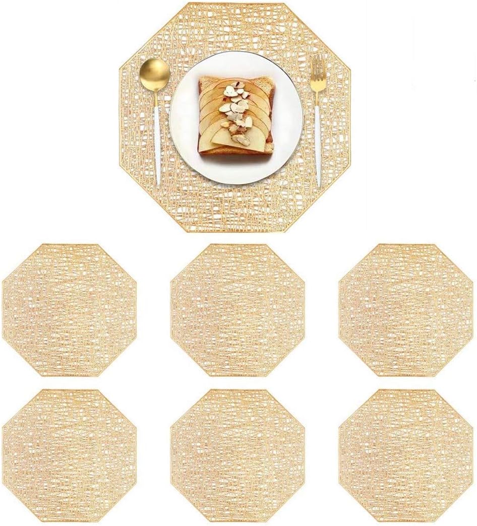 6 Pieces Gold Octagon Placemats Laminated Vinyl Dining Table Decorative Placemat Non-Slip Insulation Placemat Washable Table Mats Set