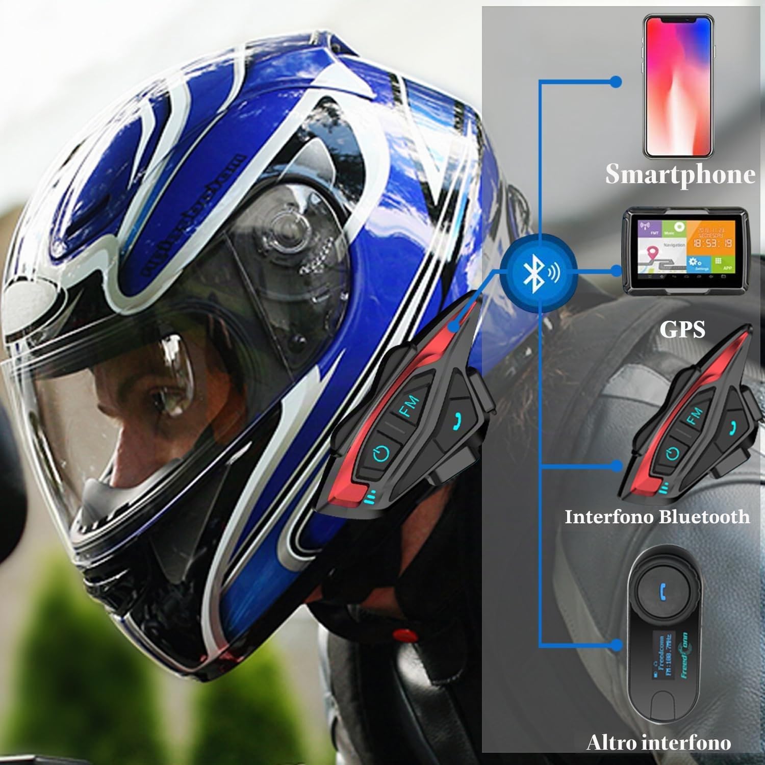 QSPORTPEAK Shark02 interfono moto bluetooth, sistema bluetooth per casco per 2 piloti/Portata 1000m/Condivisione musica/Selezione tono multi-paese(1 pezzi)