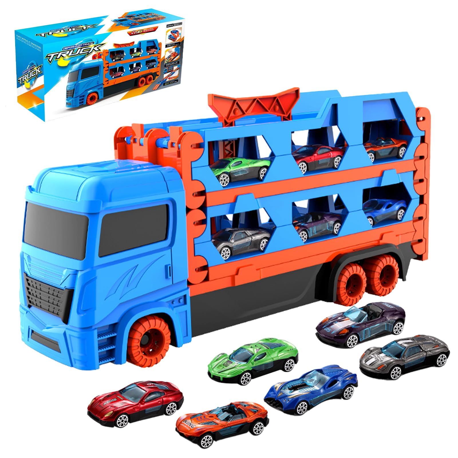 Rensinnoal Carrier Truck Toys for Kids 1.65M Foldable Transport Truck Toys with 12 Alloy Race Cars