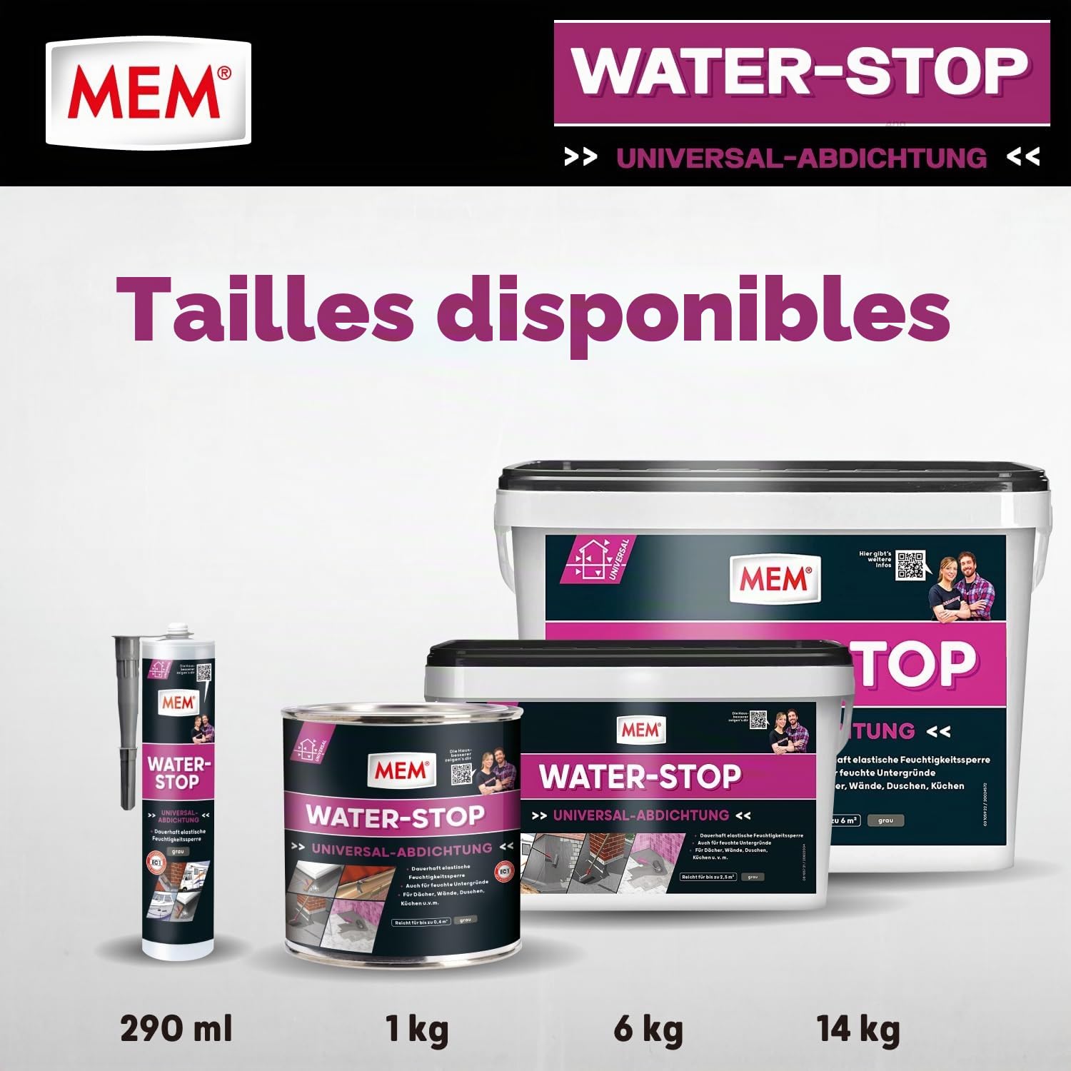 MEM Water Stop - 6 kg - composé d'étanchéité - mastic universel et barrière contre l'humidité pour les toits, les murs, la baignoire et la douche par exemple - pontage des fissures - 30822568
