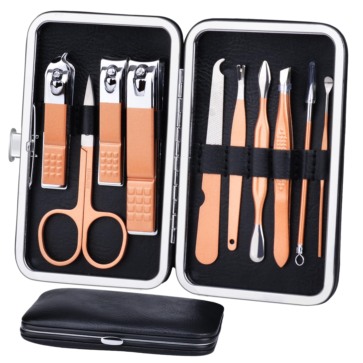 HANTEKAS Manicure Set 10 in 1 Stainless Steel, Nail Clippers Scissors Pedicure Tools Kit - Portable Travel Grooming Kit for Men and Women with Leather