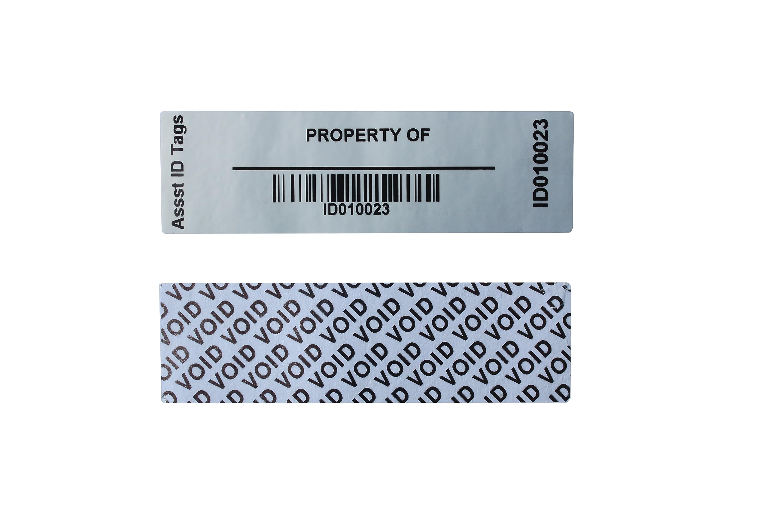 100pcs Custom 1” x 3.35” Write-on Tamper Evident Security Asset Tag Property ID Industrial Labels (Mat Silver Metalized, Dual Barcoding Numbers, 100% Secured)