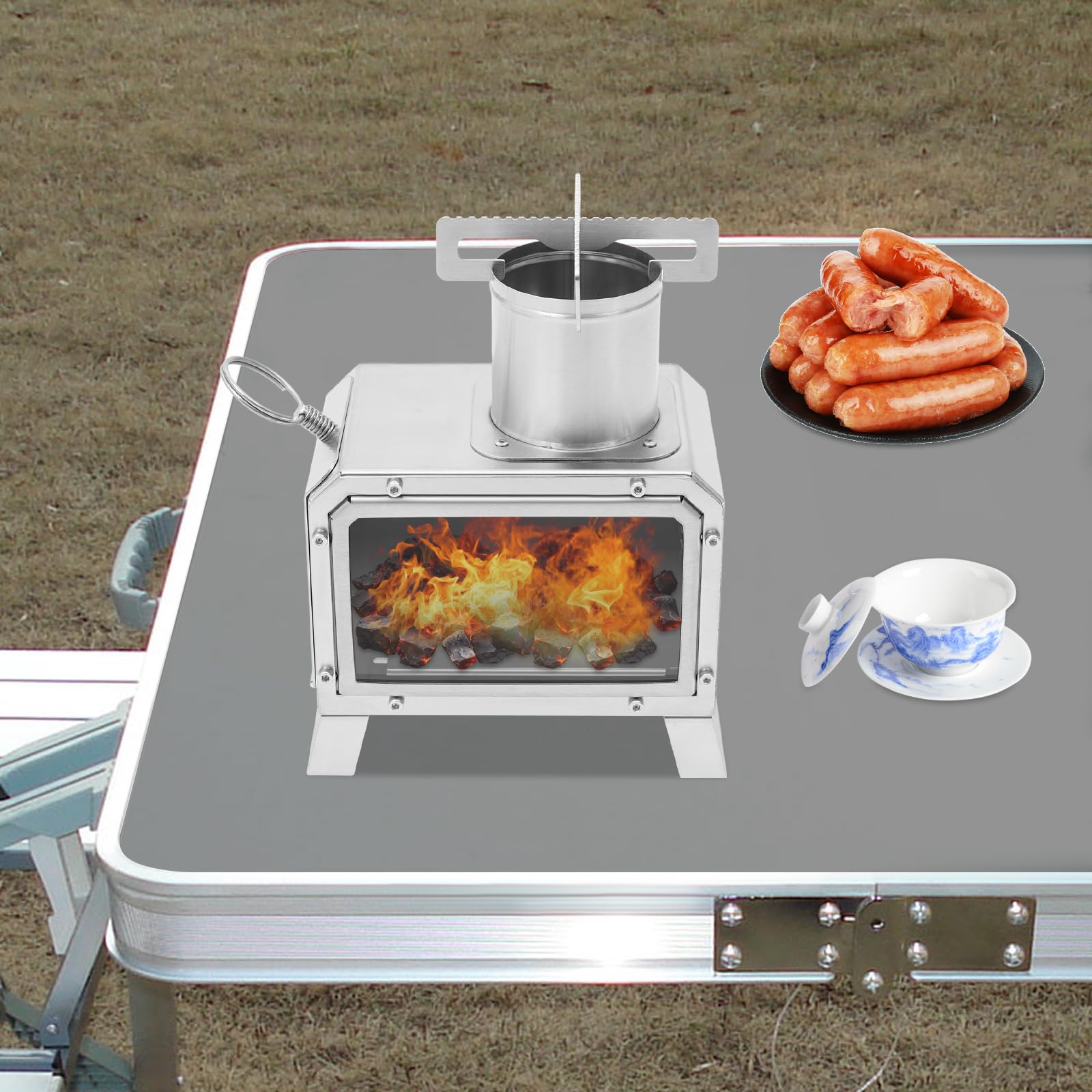 Fornello da campeggio in acciaio inox 201 con finestra in vetro, fornello da campeggio portatile per backpacking, fornello a legna da campeggio, per cucina all'aperto, escursionismo, barbecue, 25,9 x