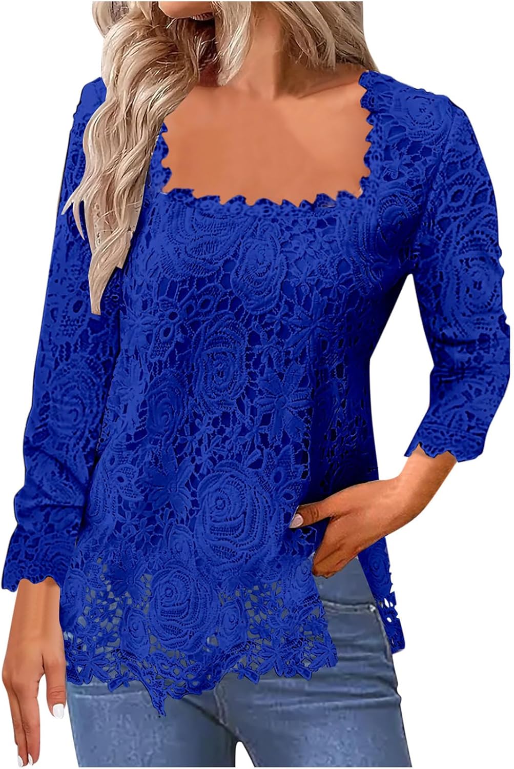 FZYLQY Lace Tops for Women Dressy Casual Square Neck Long Sleeve Crochet Tops Elegant Cute Spring Tunic Blouses Shirts