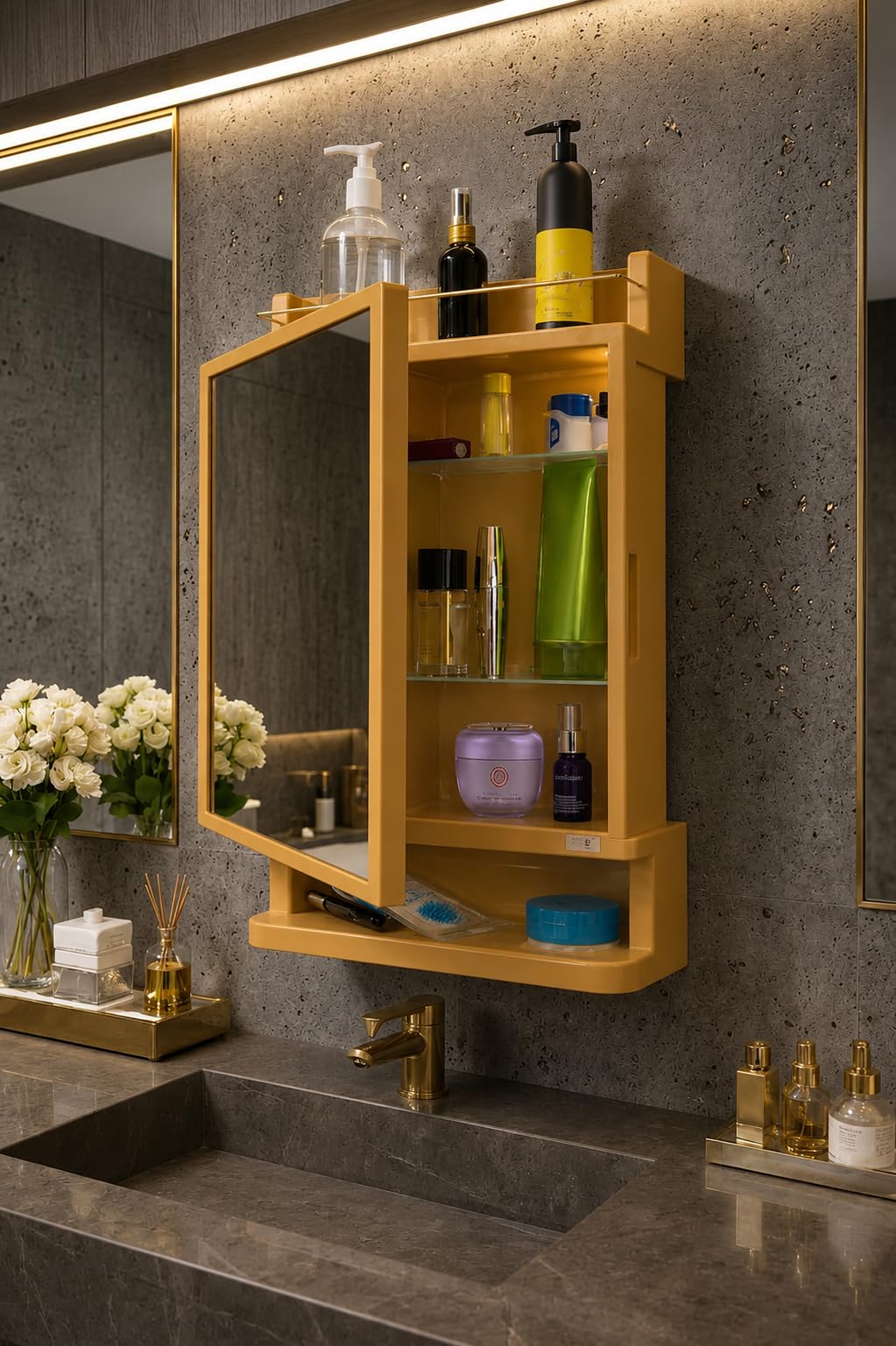 CIPLA PLAST Rich Look Bathroom Cabinet with Mirror White | Storage Organiser | Strong Plastic Bathroom Shelves Wall Mounted | Bathroom Accessories| (Made in India) (Champagne Gold)-image-2