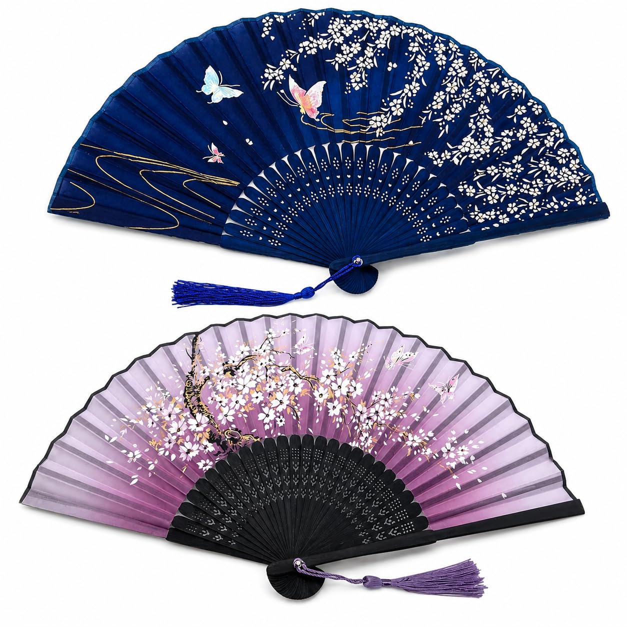 2 Pack Hand Fan Folding, Blue Purple Portable Folding Fan, Women's Handheld Fans with Tassel, Hollow Carved Bamboo Hand Fans for Wedding Party Dancing Cosplay Home Decorations Birthday Gifts Women Men