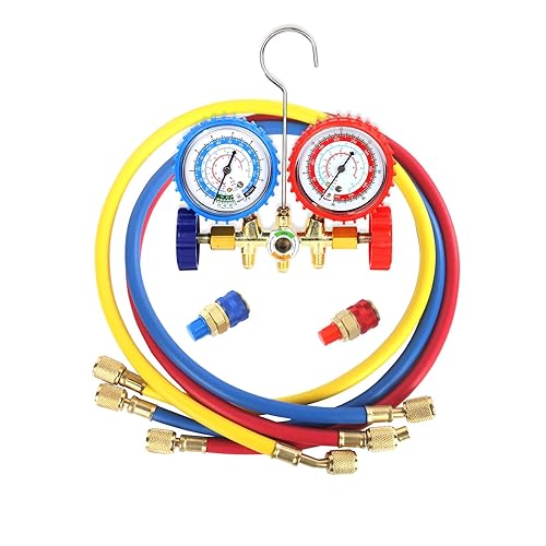 PB Motor Tech - Juego de manómetros de diagnóstico de CA para refrigerantes R134A, R12, R22, R502, incluye mangueras de tres colores de 4 pies y 2