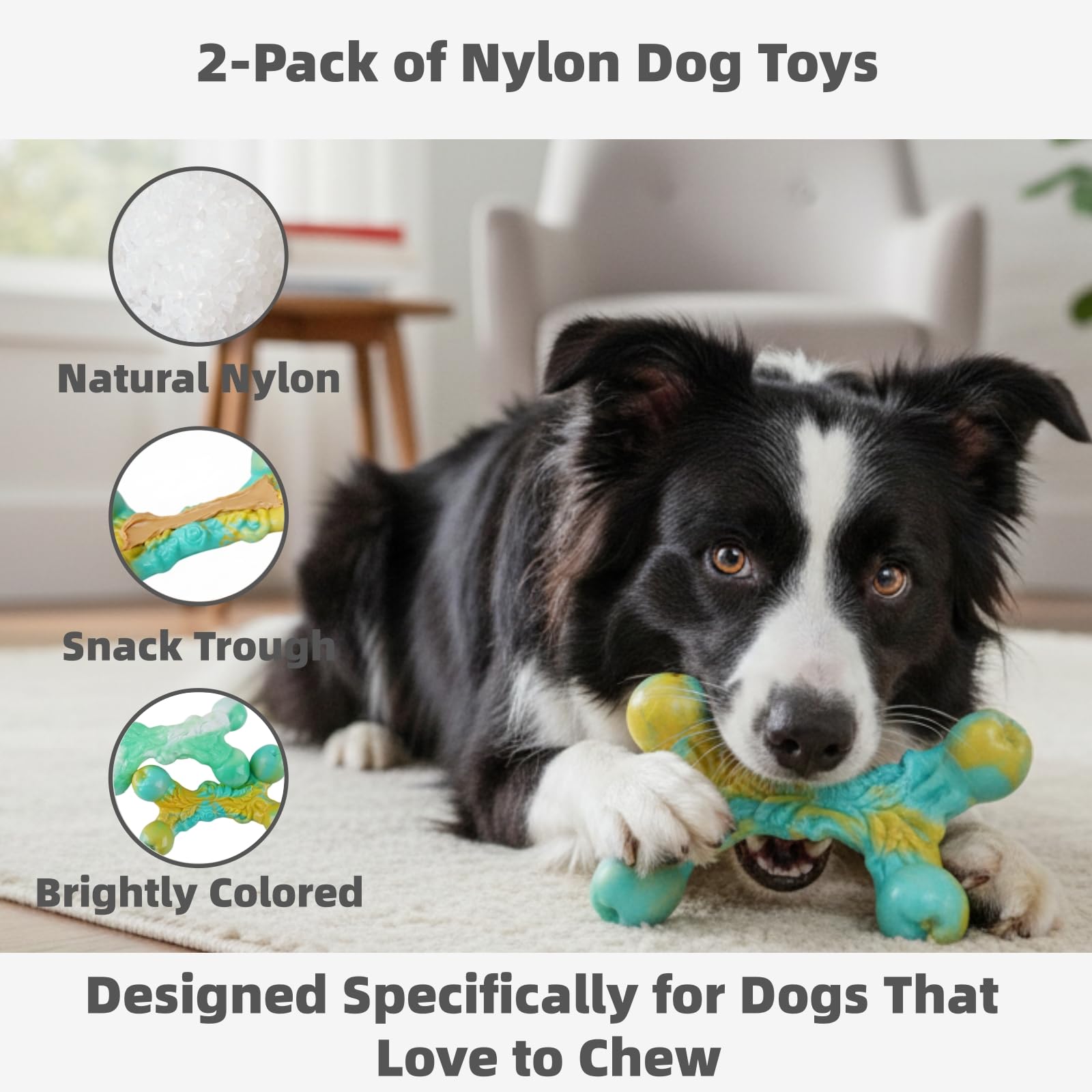 Paquete de 2 juguetes indestructibles para perros masticadores agresivos, huesos de nailon resistentes con sabor a tocino para perros medianos y grandes (2 unidades, tocino, verde)