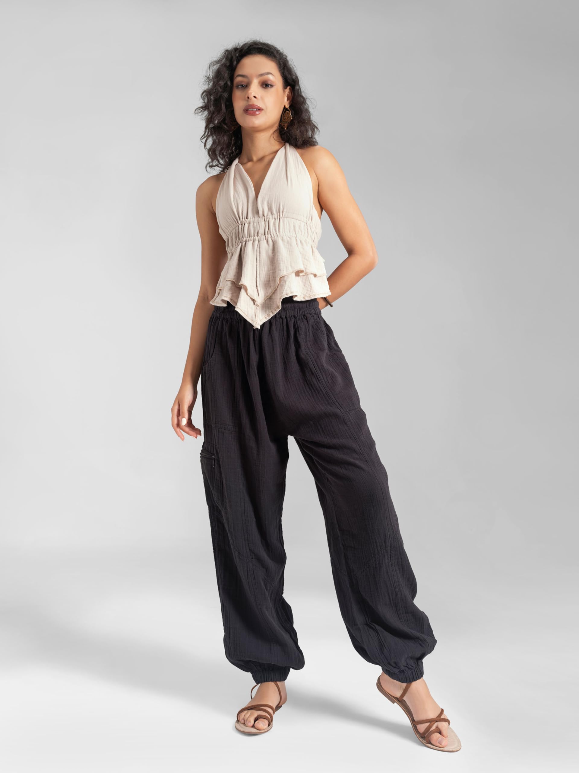 The Veshti Company Women’s Boho Cotton Harem Pants – Soft Lounge Yoga Pant – Fit Trousers with Drawstring – Black - M 2