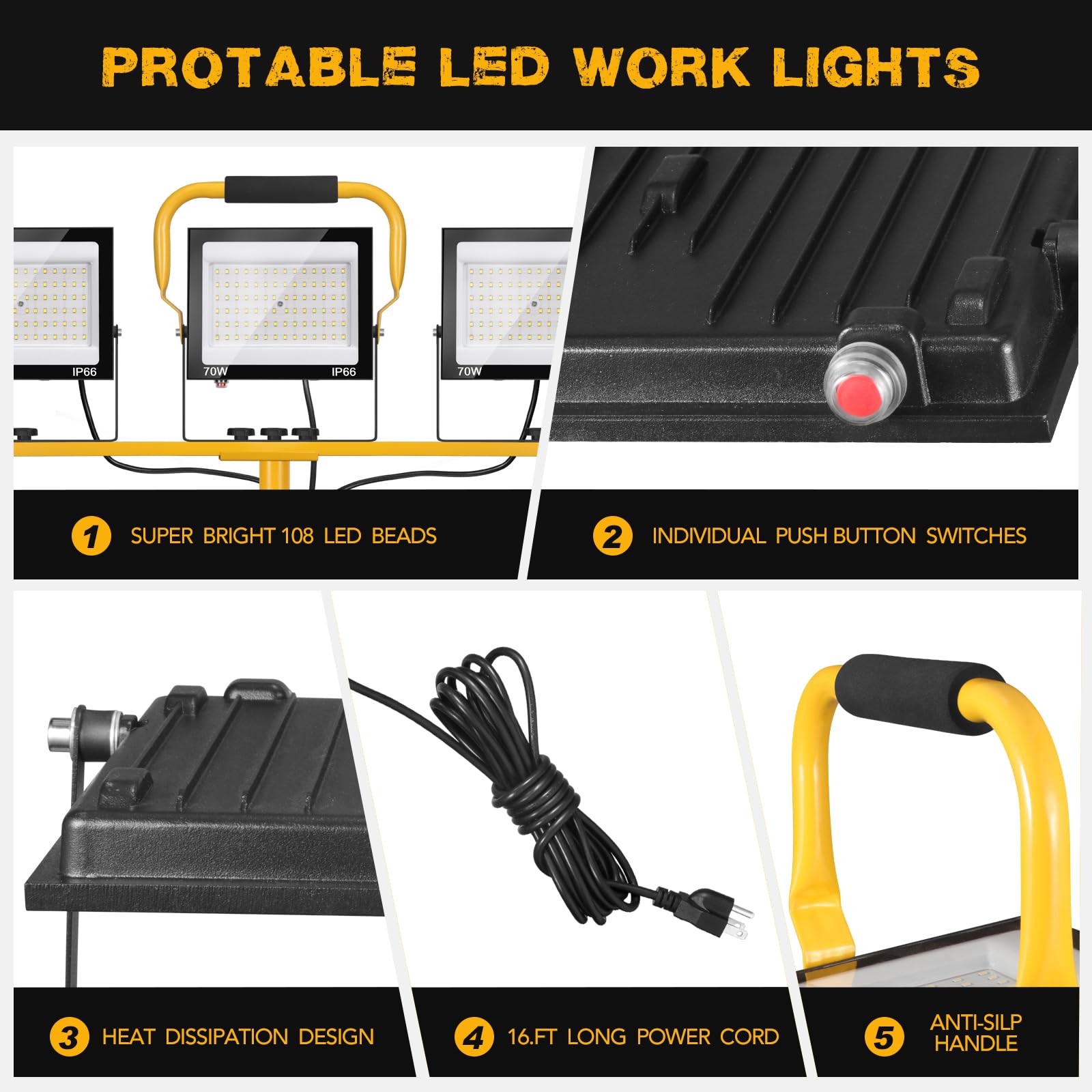 21000Lumen LED Work Lights with Stand 3 Head Portable Work Light with 16ft Cord Ip66 Waterproof Tripod Outdoor — view 4