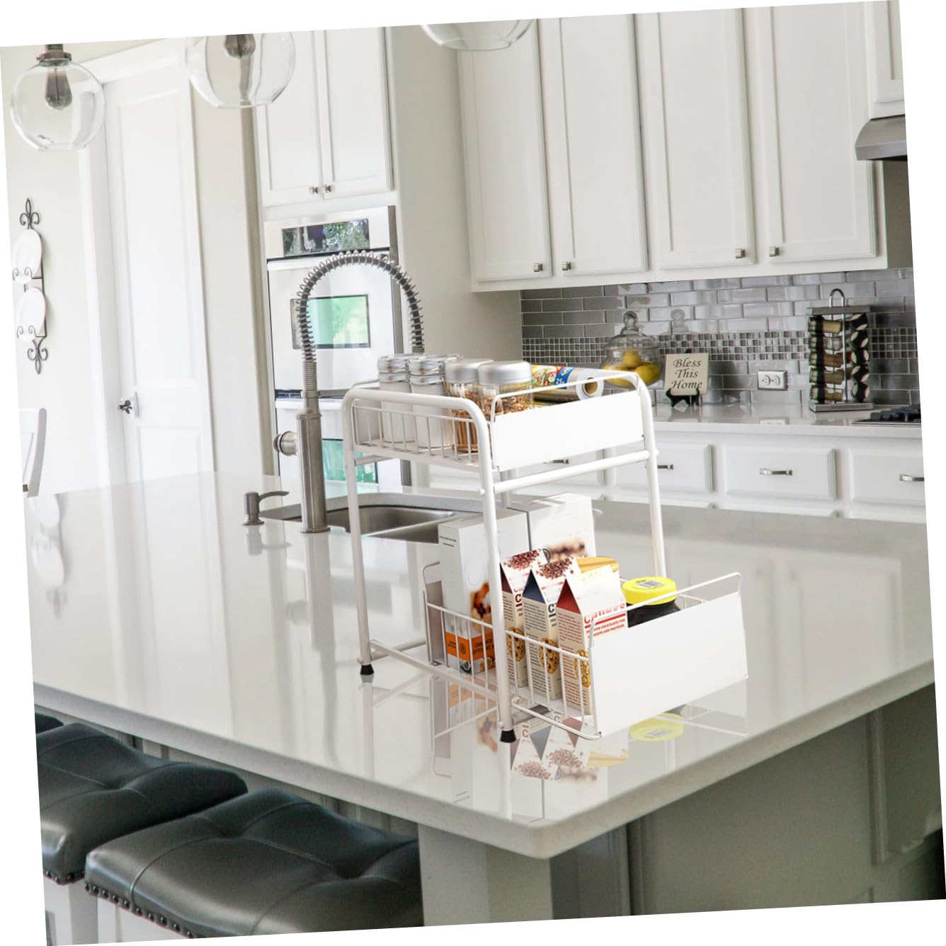 Cabilock Organizzatore Sottolavello Cucina in Ferro Bianco, 2 Contenitori Scorrevoli Estraibili, Ventilato e Visibile, per Bagno e Cucina, Accesso Facile