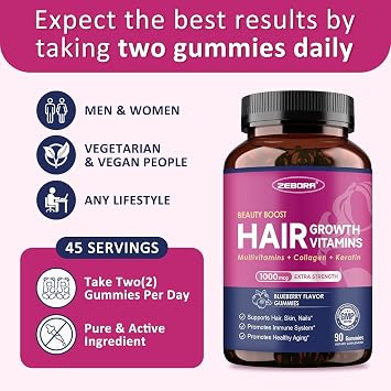 ZEBORA Biotin Gummies with Hyaluronic Acid & Keratin, 90 Blueberry Gummies