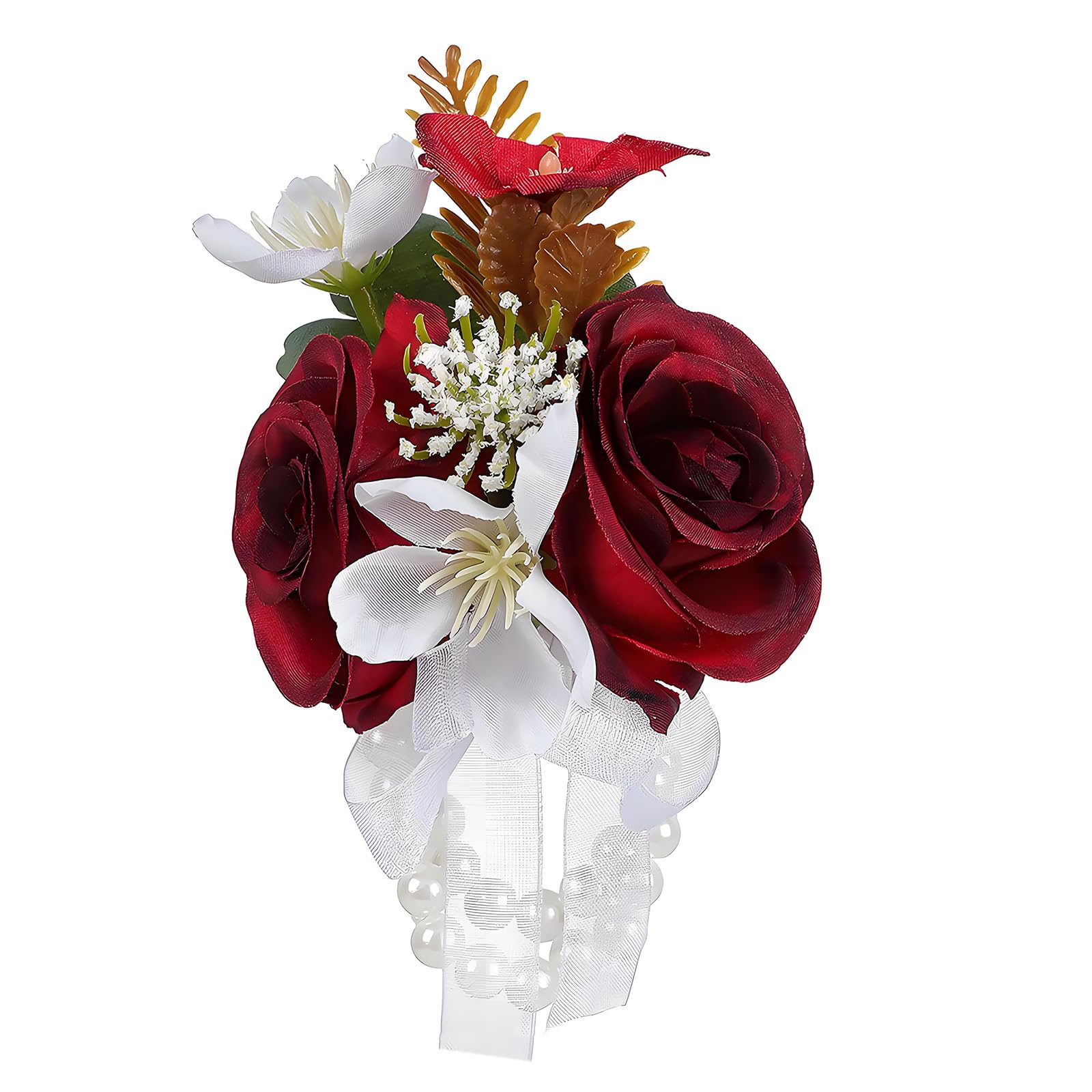 NEWFT Delicate Pearls Chain Wristlet Beautiful Silk Wrist Corsage With Duals Pearls For Formal Event And Celebration