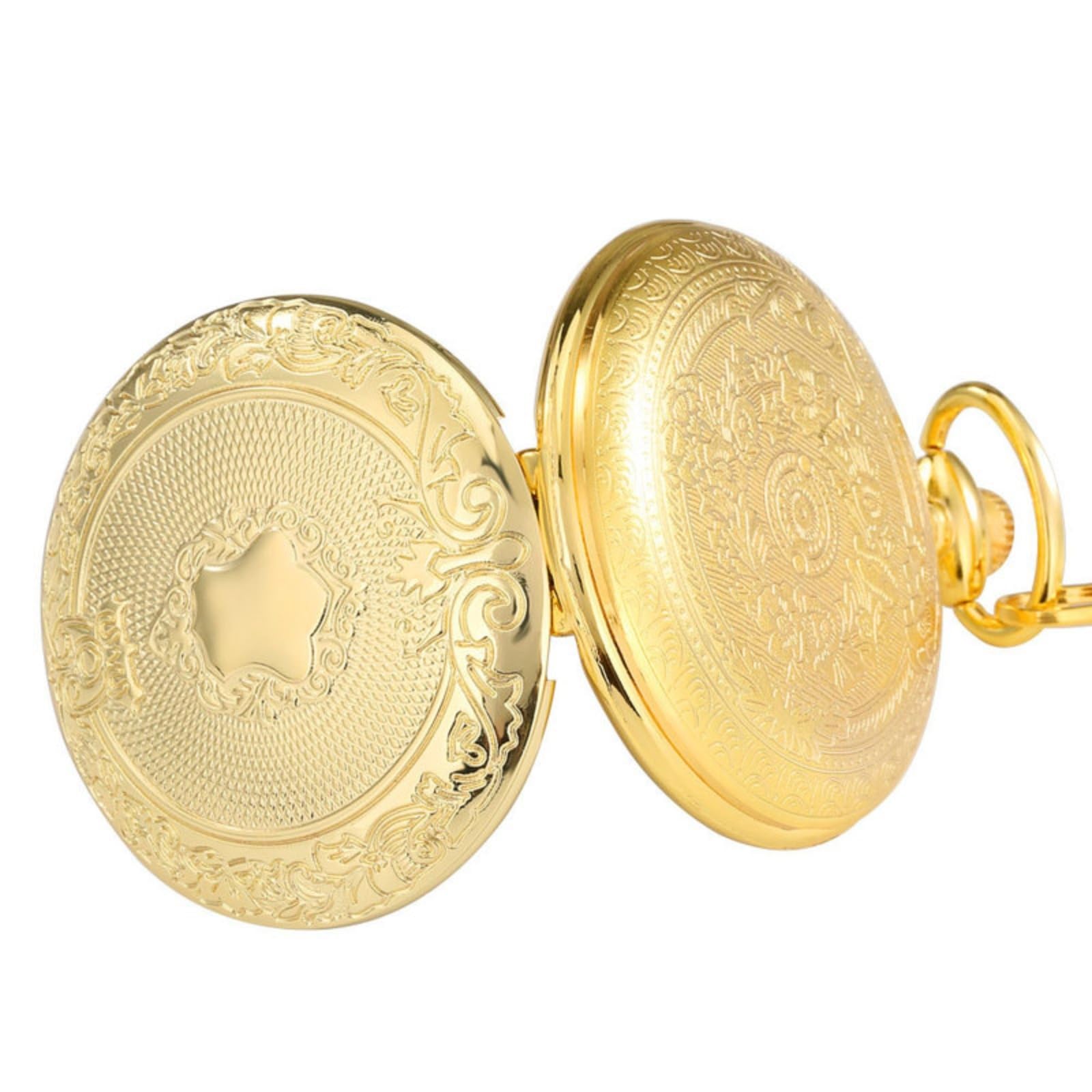 Orologi da Tasca, Orologio da Tasca al Quarzo con Scudo, Orologio Uomo, Numeri Romani, Catena, Regalo(Golden)