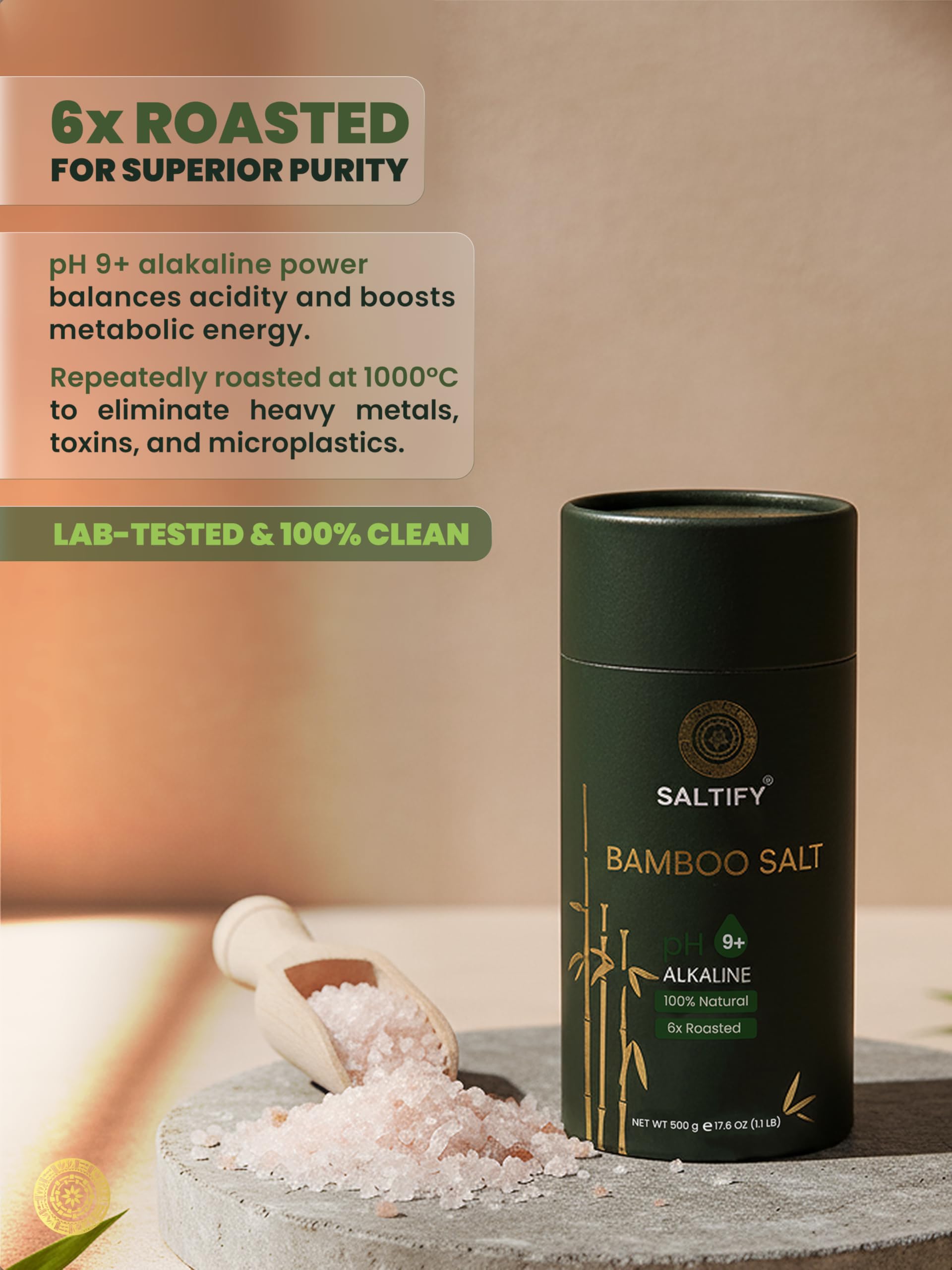 Saltify 6x Bamboo Salt | pH 9+ Alkaline | Six Times Roasted | Antioxidant | Anti-inflammatory | Natural Detox & Mineral-Rich Salt for Wellness | For Cooking | No Anti-Caking Agent | Powdered (500 g)