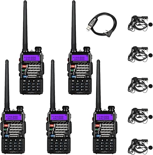 Baofeng UV-5R+ Plus - Radioaficionado de mano, radio bidireccional de doble banda, recargable, de largo alcance, con auricular y cable de