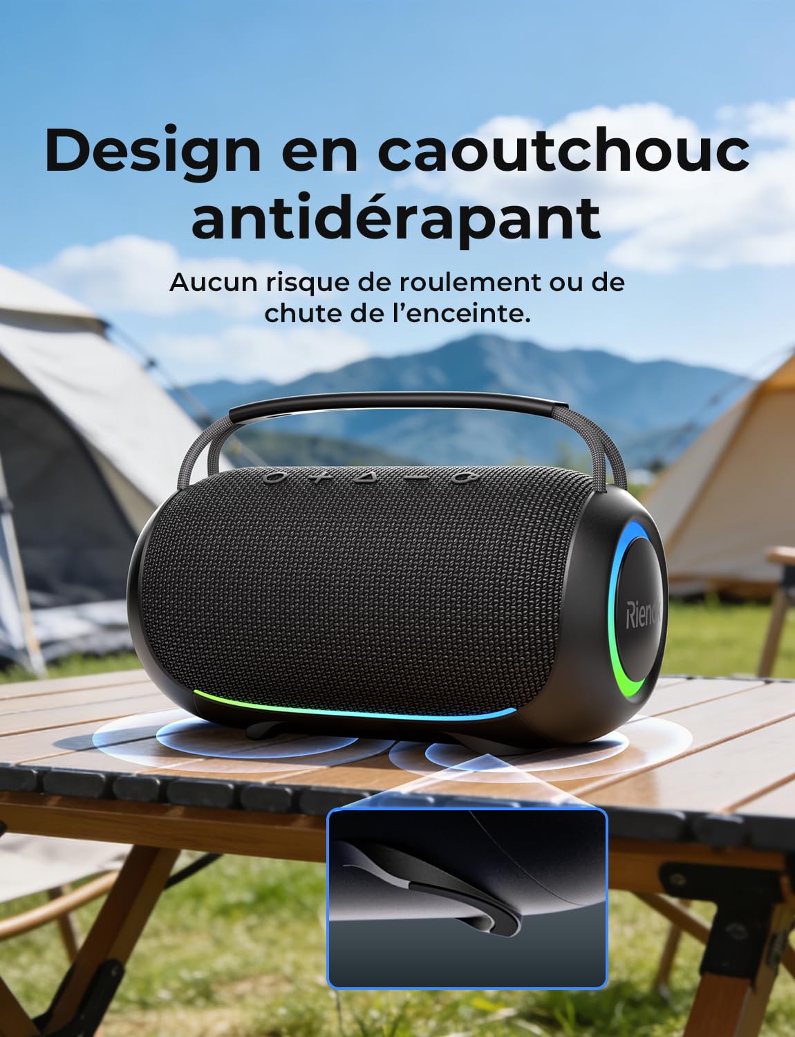 RIENOK Enceinte Bluetooth, 80W Enceinte Puissante, Tweeter et Woofer, 6000 mAh, 30H, IPX6, 128Go, Haut Parleur Bluetooth 5.3, Port Clé USB, AUX et TF Carte, pour Fêtes Soirées Voyage Extérieur, Noir