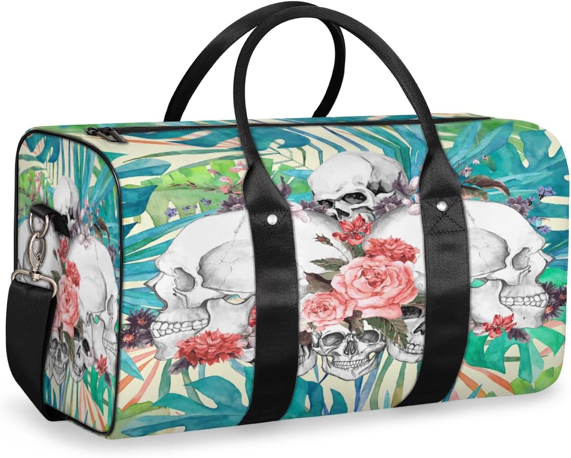 Colorful Palm Skull Flower Travel Duffel Bag for Women Men Large Capacity Overnight Weekender Bags for Lightweight Waterproof Sport Gym Bag for Workout Yoga Swim