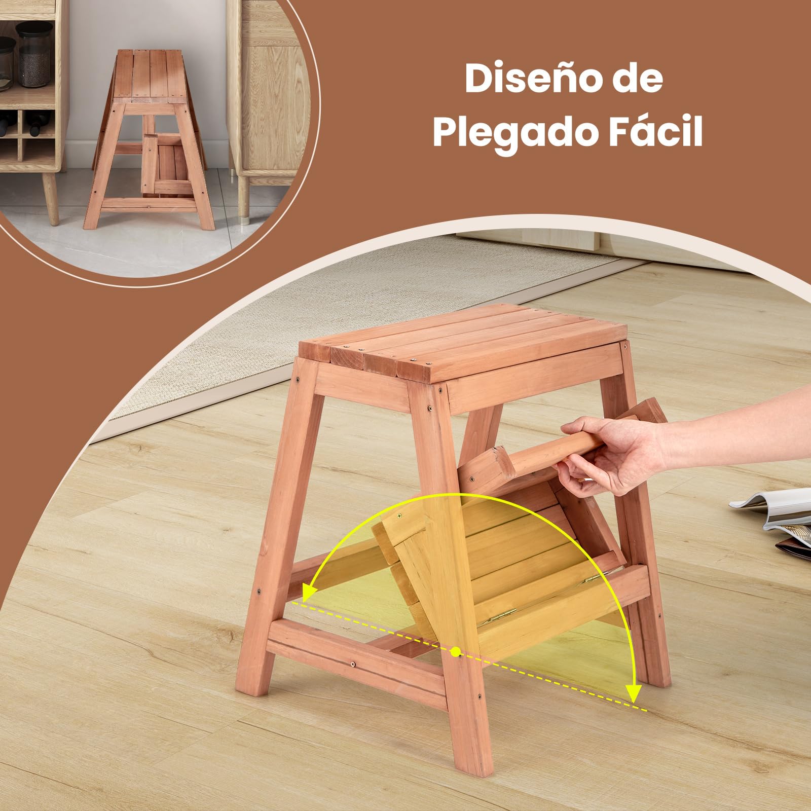 COSTWAY Escalera Plegable, Escalera Multifuncional de 2 Peldaños de Madera, Taburete Escalera Plegable para Niños y Adultos, Soporte para Plantas para Cocina, Dormitorio, Natural