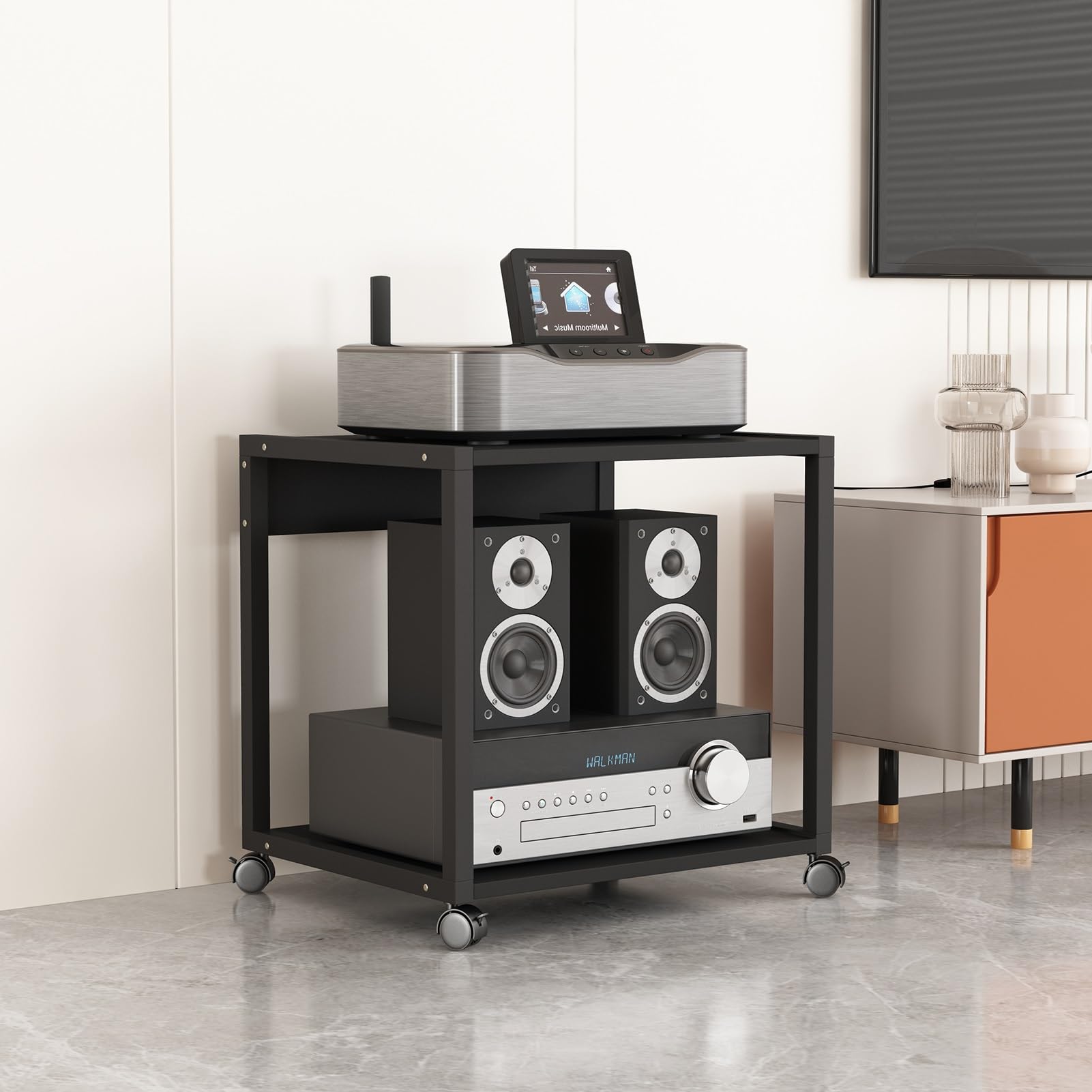 2-Tier Movable Audio Video Rack Media Stand Living Room Corner TV Stand CD Player Stereo Component Cabinet Multi-Function Open Storage Shelf with 2 Wooden Shelves (Color : B, Size : H 55cm/21.7in)