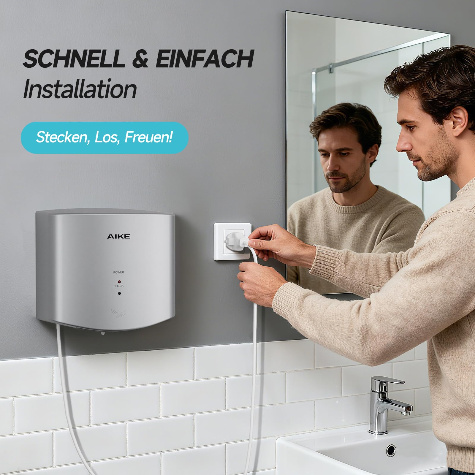 AIKE Air Wiper Kompakt Händetrockner, Hochgeschwindigkeit, 1400W 220V, Stecken & Loslegen, Papierlos & Berührungslos für Öffentliche Toiletten, AK2630S