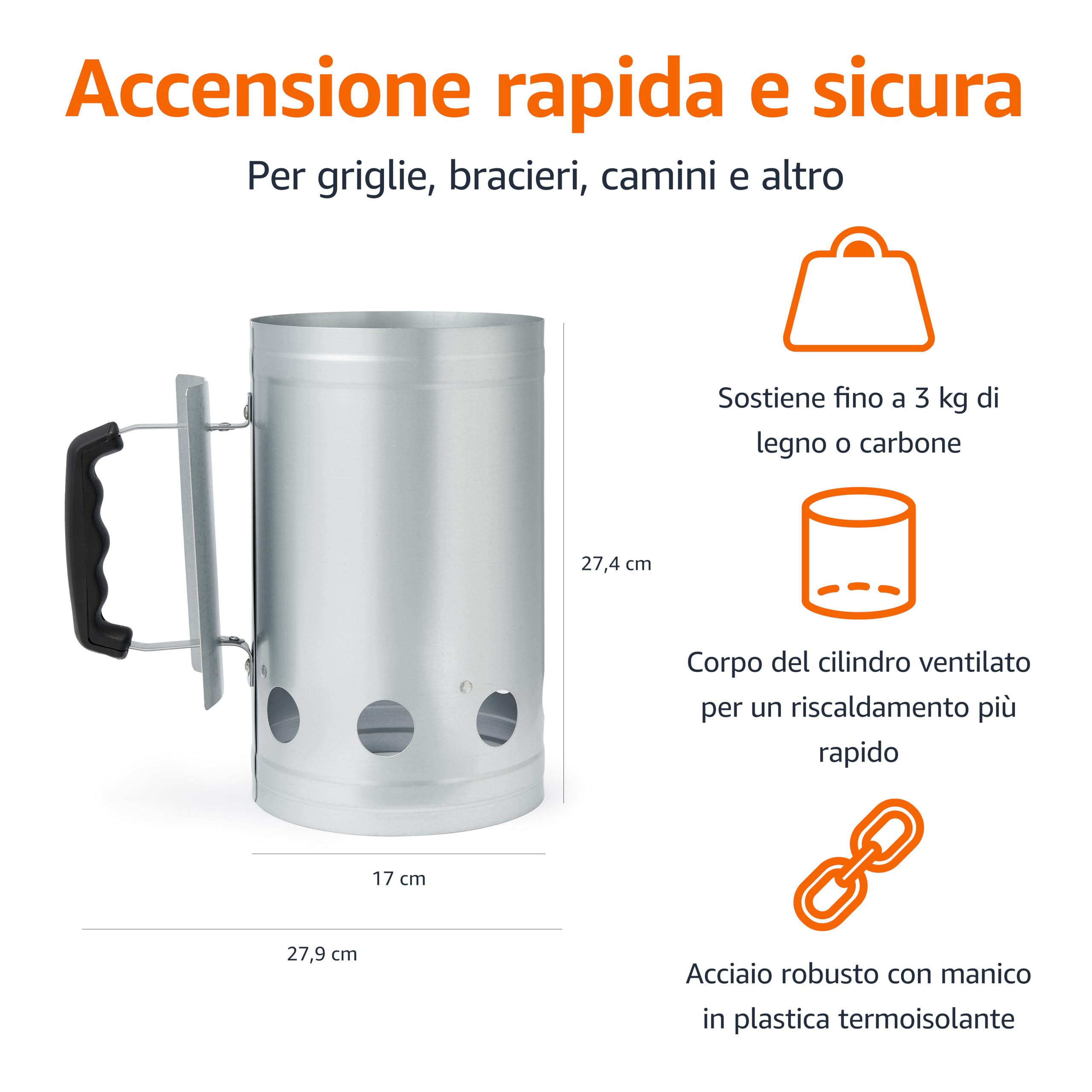 Amazon Basics Accendifuoco per Carbone, per Barbecue e Barbecue a carbonella, Argento, Confezione da 1