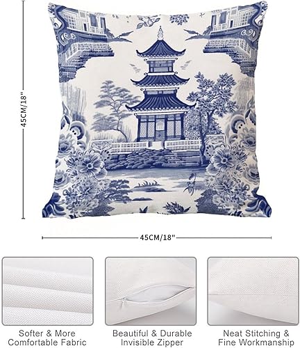 Miniatura 7 de Funda de almohada europea de pagoda chinoiserie, funda de almohada inspirada en Asia, funda de cojín azul y blanca de 18 x 18 pulgadas, funda de
