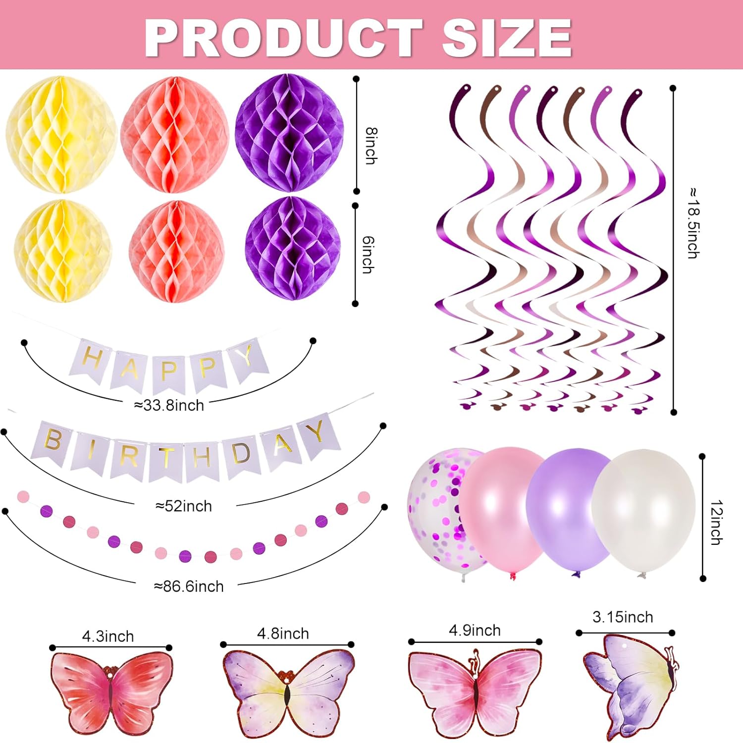 Purple Pink Birthday Party Decorations for Women Girls, Happy Birthday Banner with Balloons, Paper Honeycomb Balls, Butterfly Hanging Swirl Streamers, Circle Dot Garland or Party Decor - Image 2