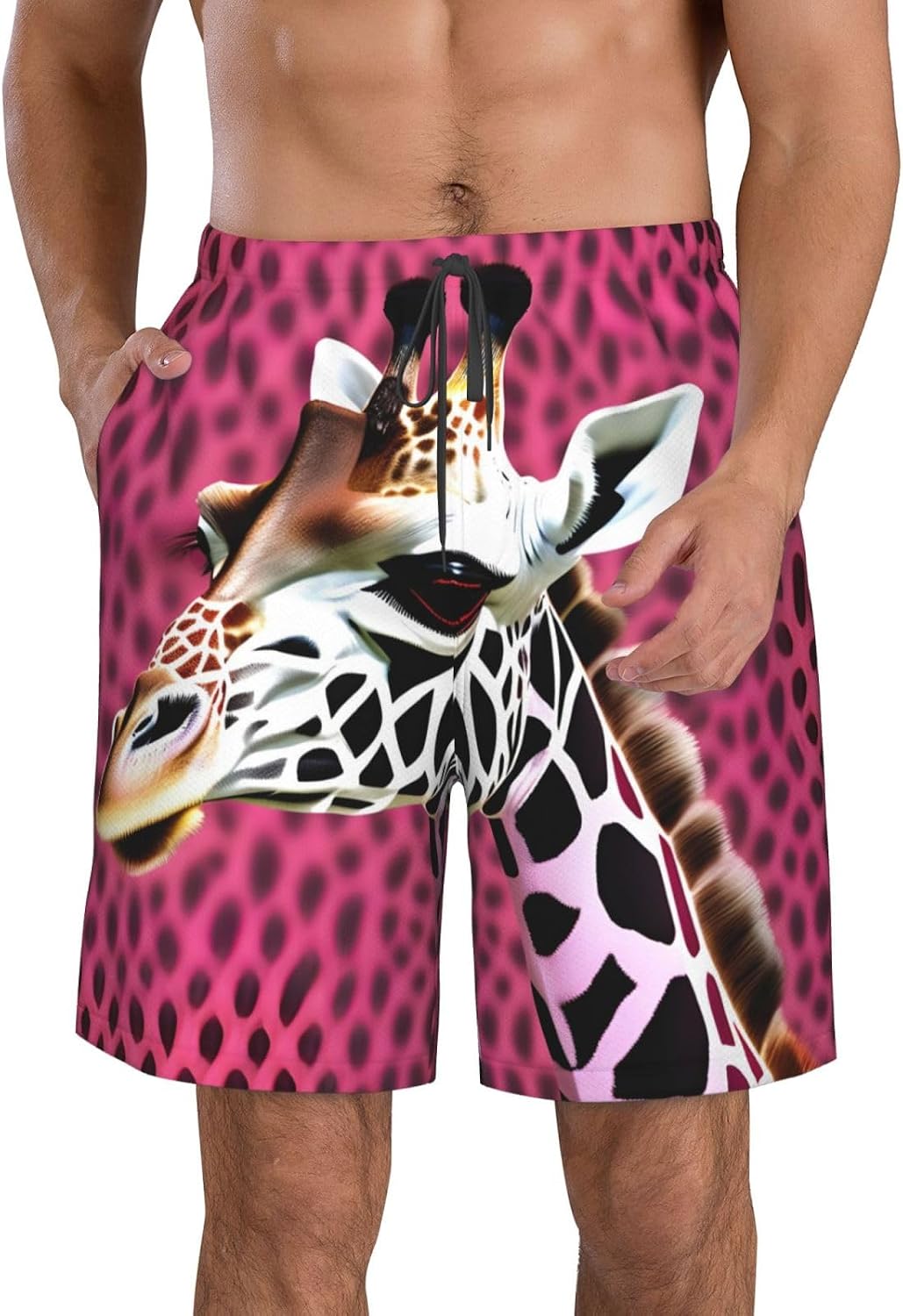 Pink Giraffe Texture Print Men's Quick-Drying Shorts Casual Beach Pants Stretch Waist Shorts and Pockets