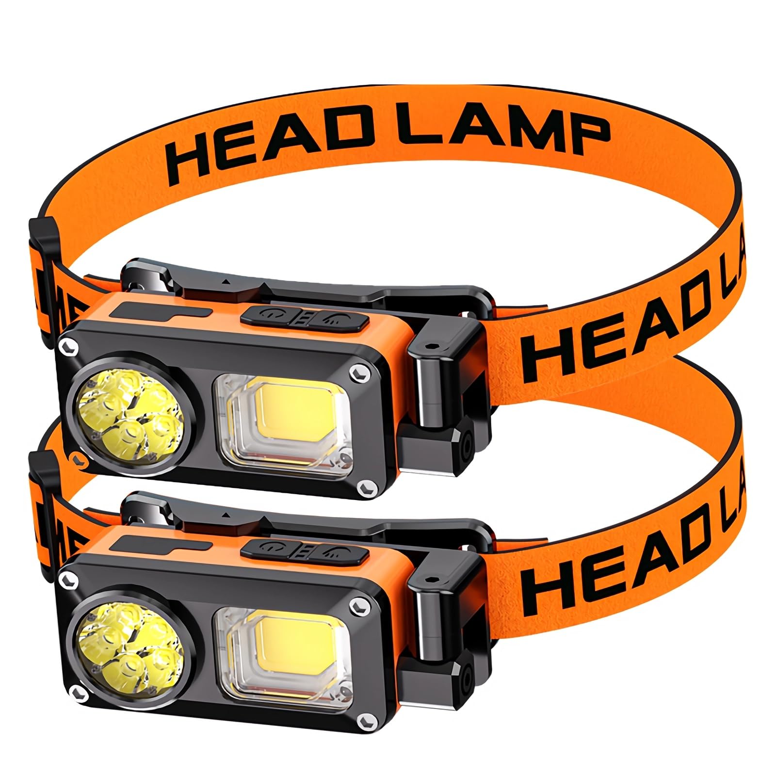 Legisgiant 2xSet Rechargeable LED Head Torch, 100000 LM, 5 Modes, 30 Hours Runtime, IPX7 Waterproof, Zoomable, Red Warning Light for Running, Hiking, Fishing (Yellow)