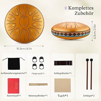 Tongue Drum Sunowl 6 Inch 11 Tones Steel Tongue Drum Set Steel Tongue Drum for Beginners Children Adults Handpan Steel Drum with Drum Bag for Meditation Sound Healing (Gold)