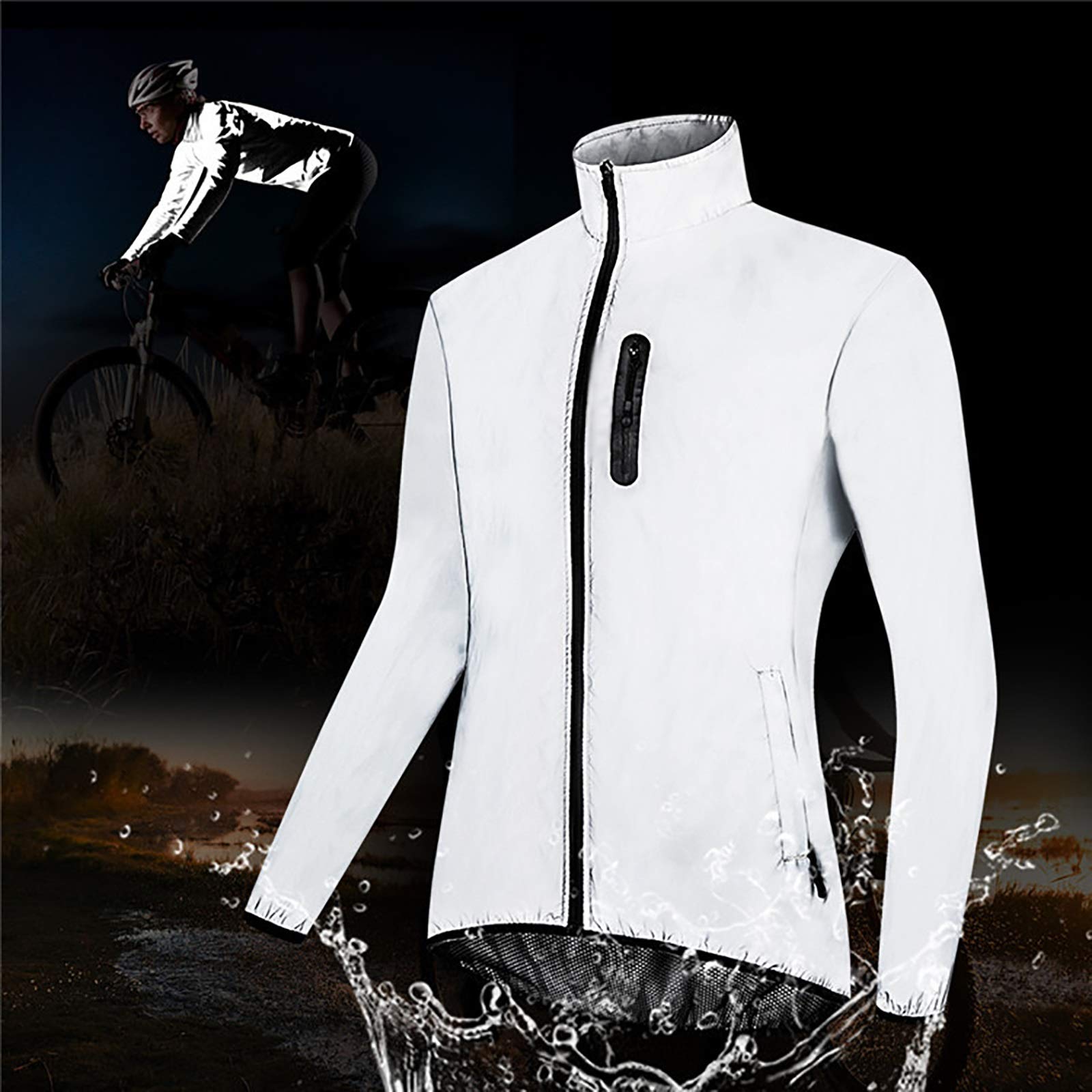 Hombres Alta Visibilidad Chaqueta De Ciclismo Manga Larga Totalmente Reflectante Impermeable Camisetas MTB Ligero con Malla Transpirable (Color : Silver, Size : Large)