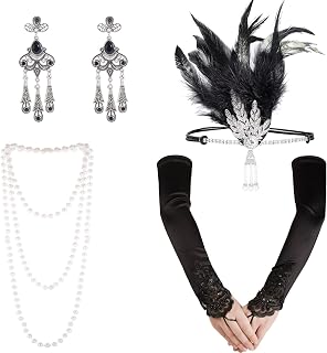 5 Pack 1920s Accessories Set, 20s Flapper Accessories Headband Gloves Pearl Necklace Great Gatsby Accessories for Women