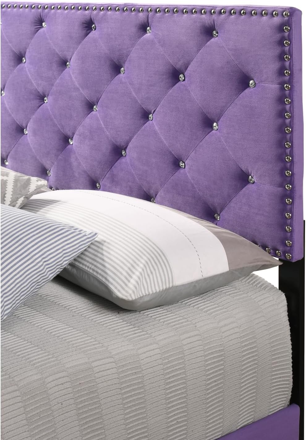 Gothic Grandeur Bed in Luxurious Purple Velvet Upholstery with Deep Tufted Headboard and Footboard, Chrome Nail Head Accents, Faux Jeweled Tufting Queen