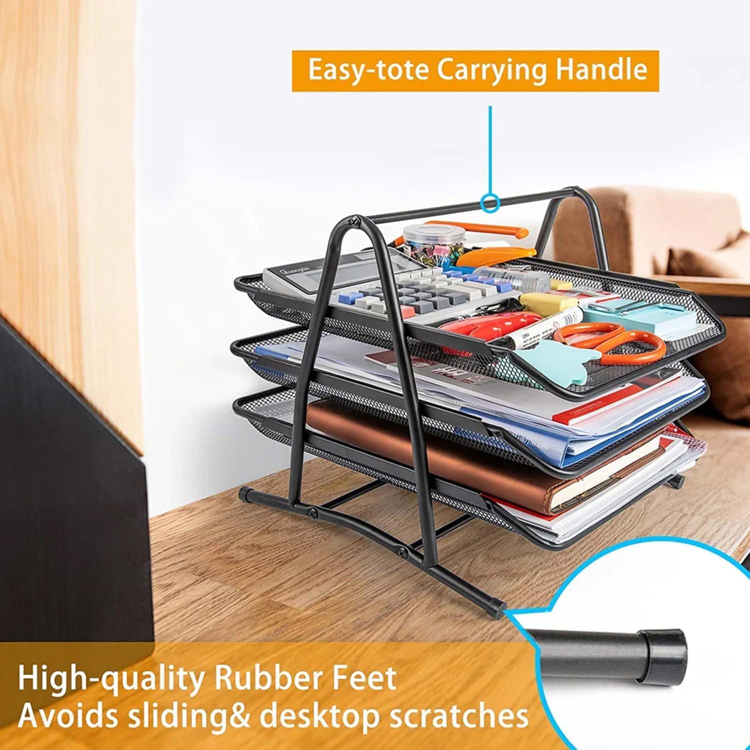 GOPINATH ECOM 3 Tier Metal Mesh Desk Organizer File Rack with Sliding Trays Durable Lightweight File Holder A4 Paper Document Storage Stand for Home Office Desktop Organization 3