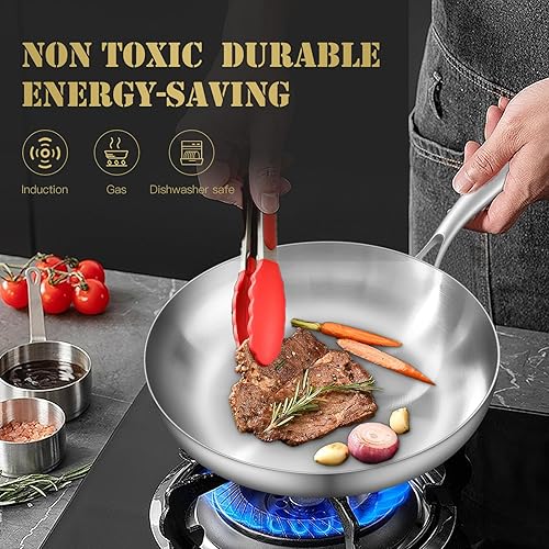 Miniatura 5 de Sartén de acero inoxidable de tres capas de 12 pulgadas, sartén, sartén, sartén de inducción, apta para lavavajillas y horno, calor rápido y